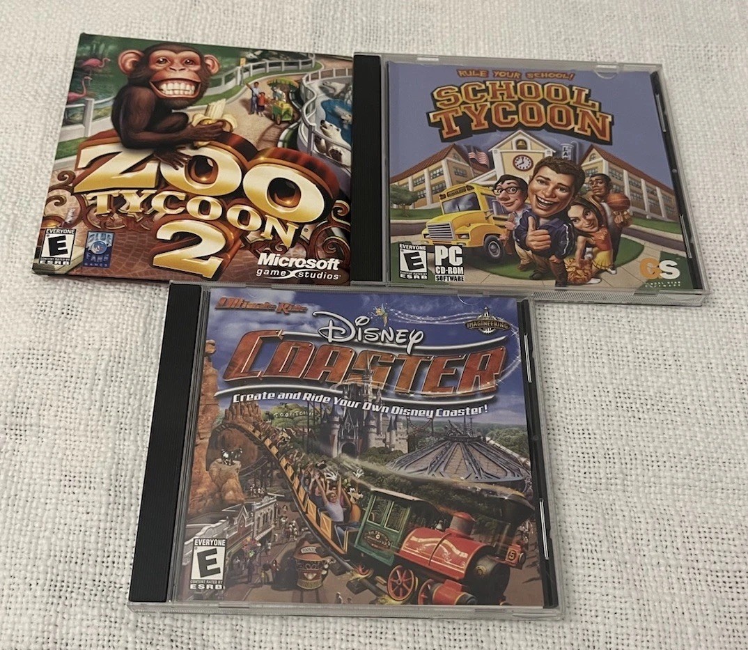 Lot- Zoo Tycoon 2, Disney Coaster Ultimate Ride, School Tycoon Pc Cd-ROM Bundle