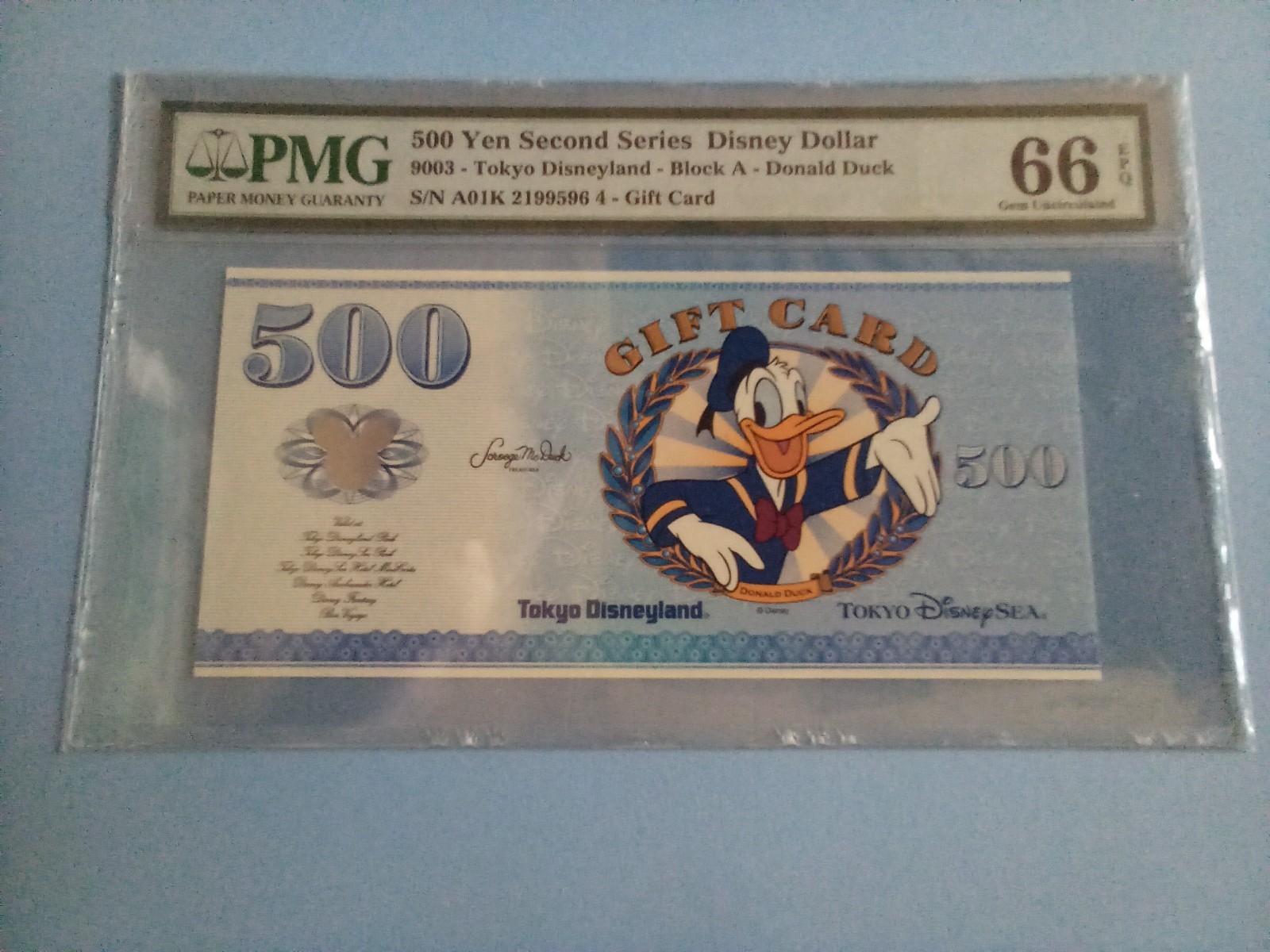 Disney Dollar Tokyo Disneyland Block A 500 Yen Gift Card PMG 66 Gem Unc