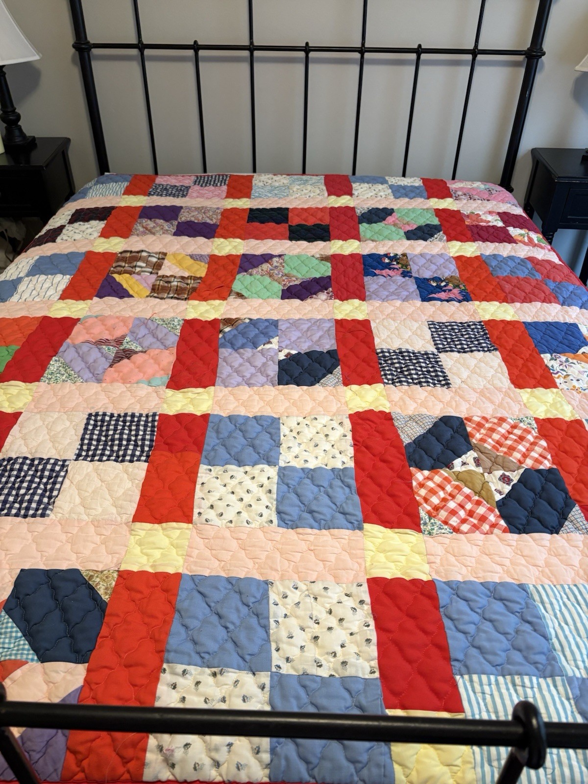 Vintage 1970s Handmade Quilt  Patchwork Fun Retro Fabrics 76” X 62”