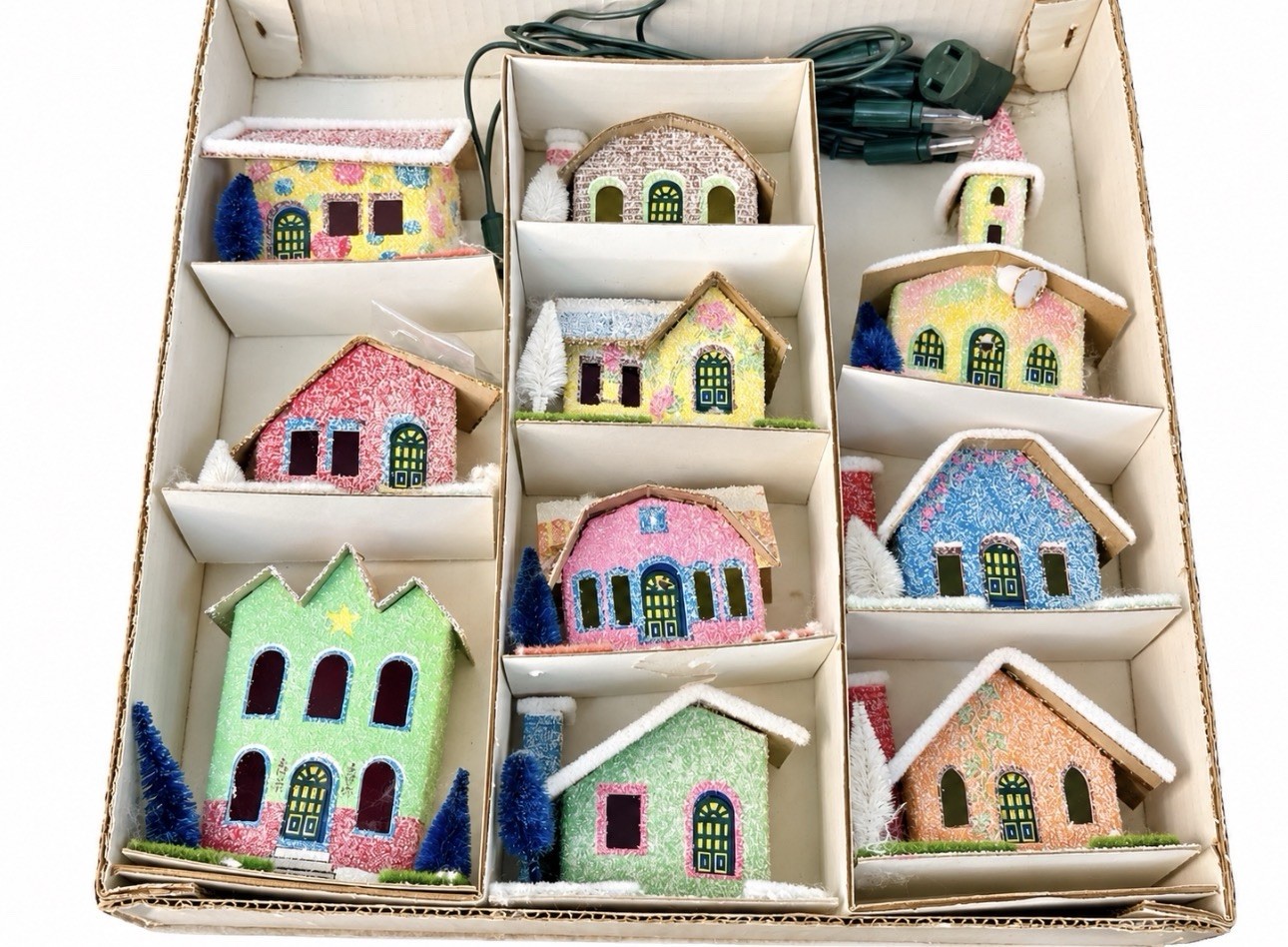 Vintage Japan Glitter Putz Christmas Village 9 Pc Lighted Set Original Box