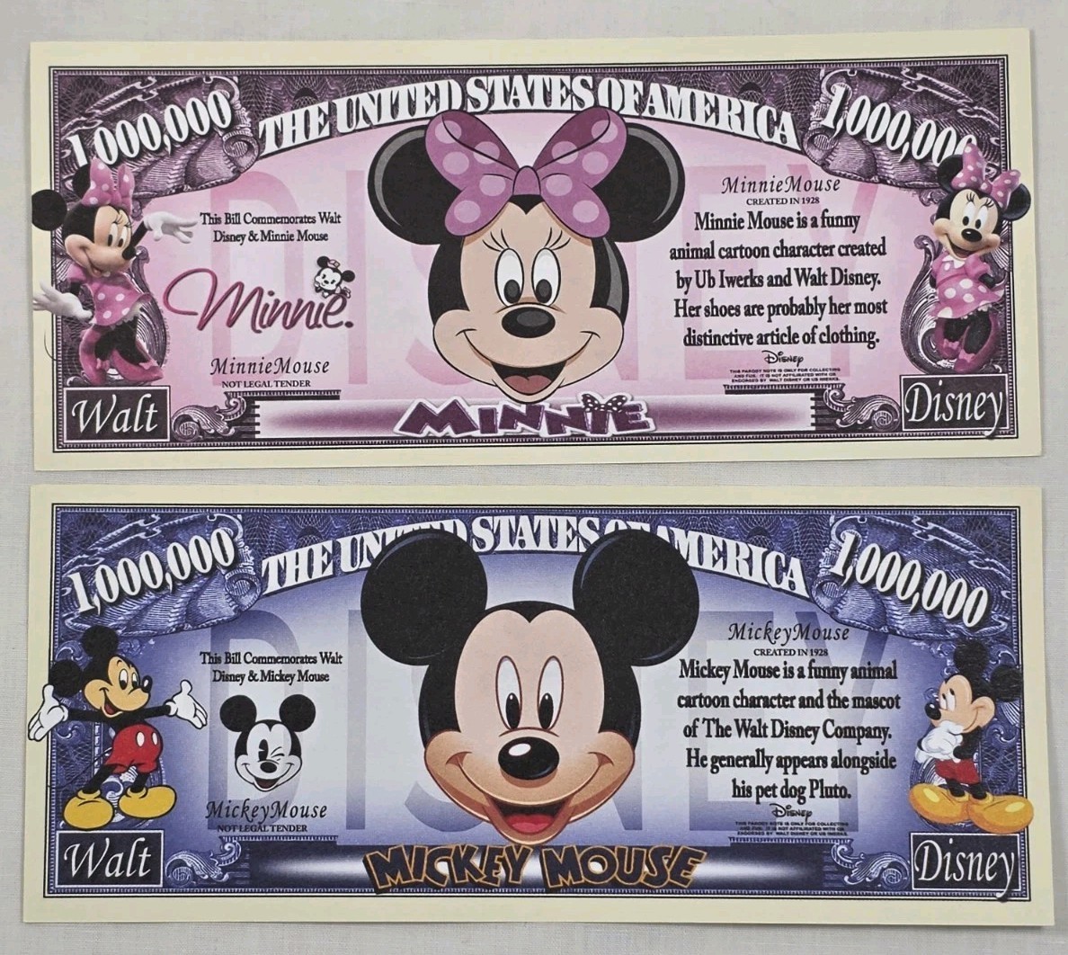 💥💙❤️DISNEY 1 MICKEY & 1 MINNIE MOUSE  $1,000,000 NOVELTY NOTES💥💙❤️