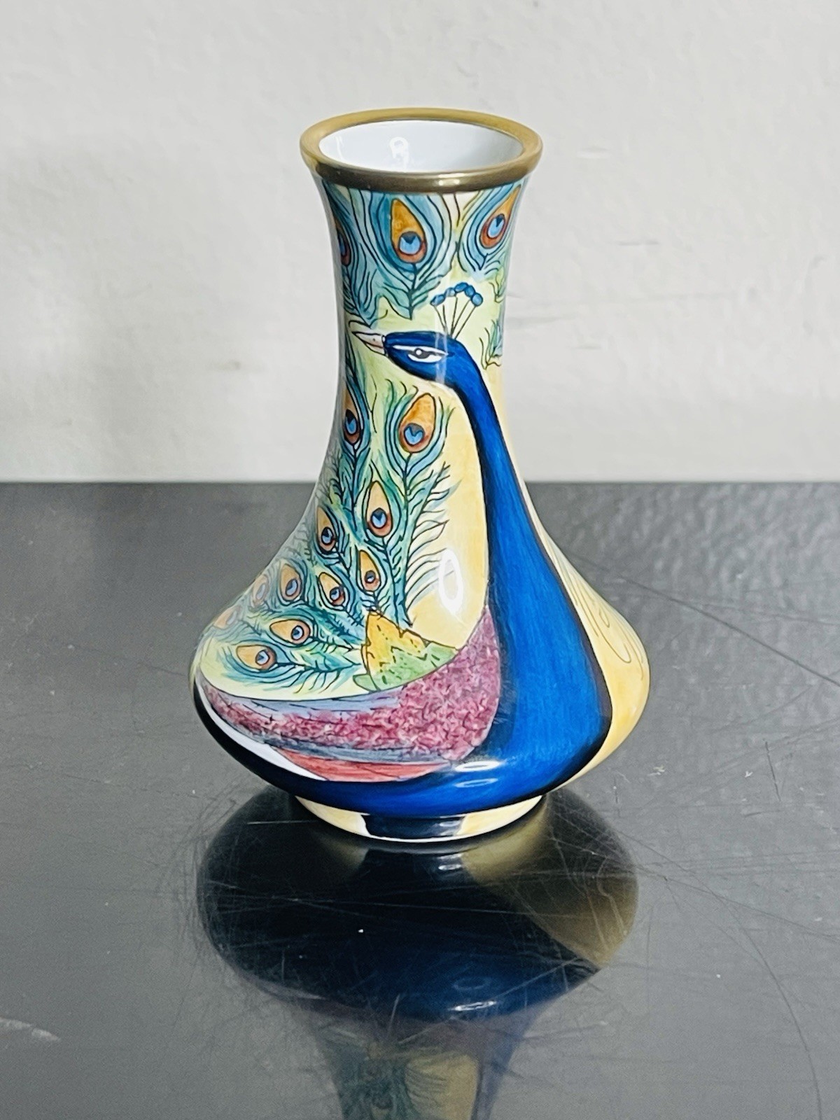 VTG Superb Moorcroft Enamel Miniature Peacock Bird Vase Hand Painted Signed