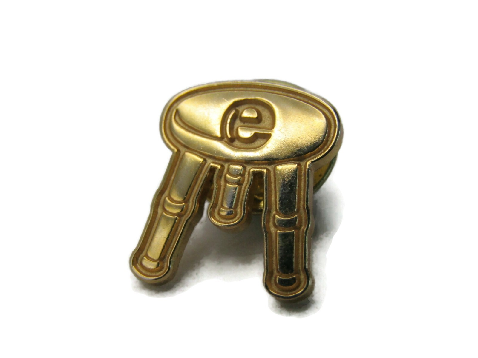 Vintage E*TRADE Financial Logo Lapel Pin Gold Tone Metal Key Shape Letter E Tack