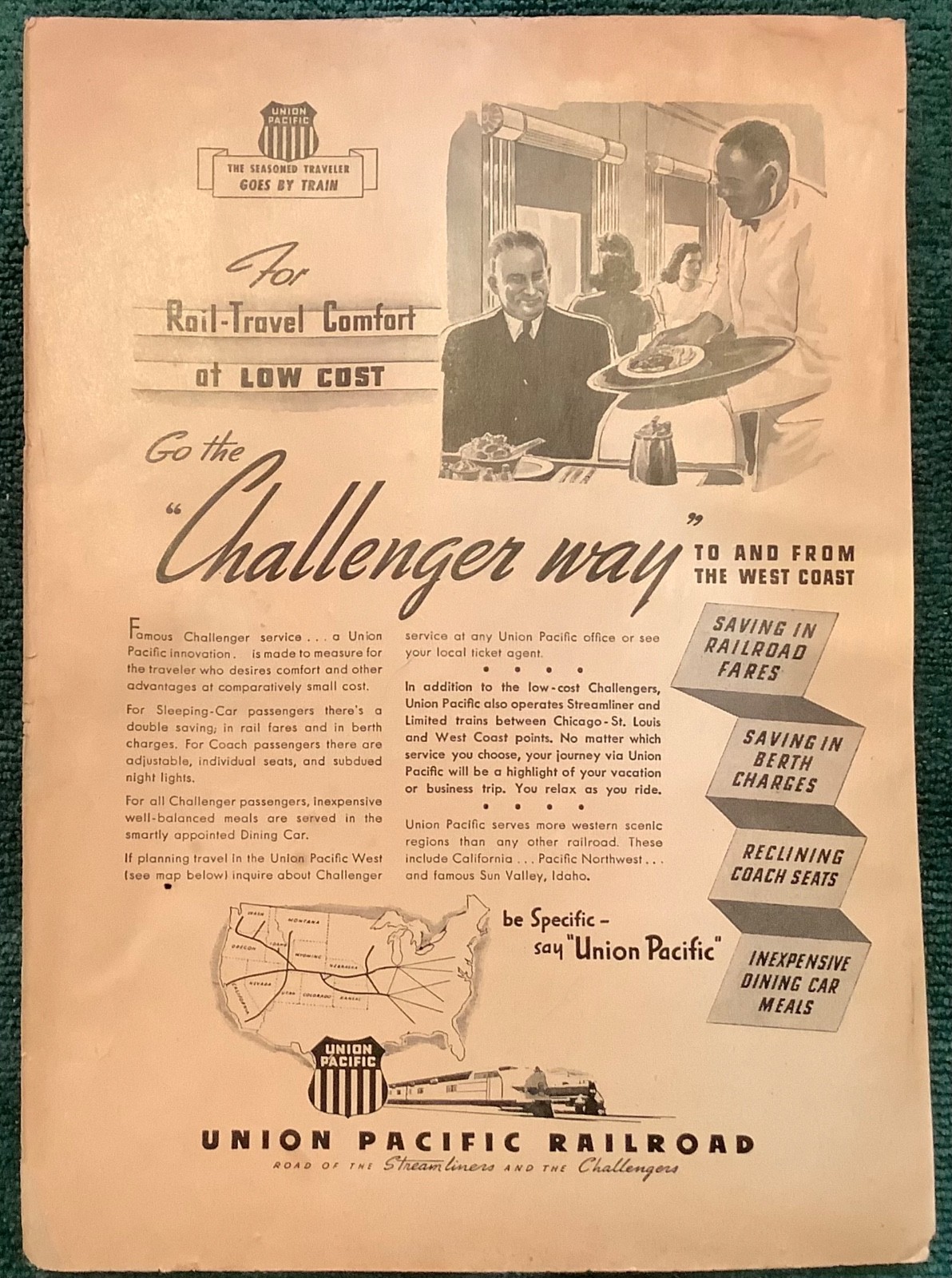 Vintage 1946 Union Pacific Railroad Challenger Way Print Ad Train Advertising