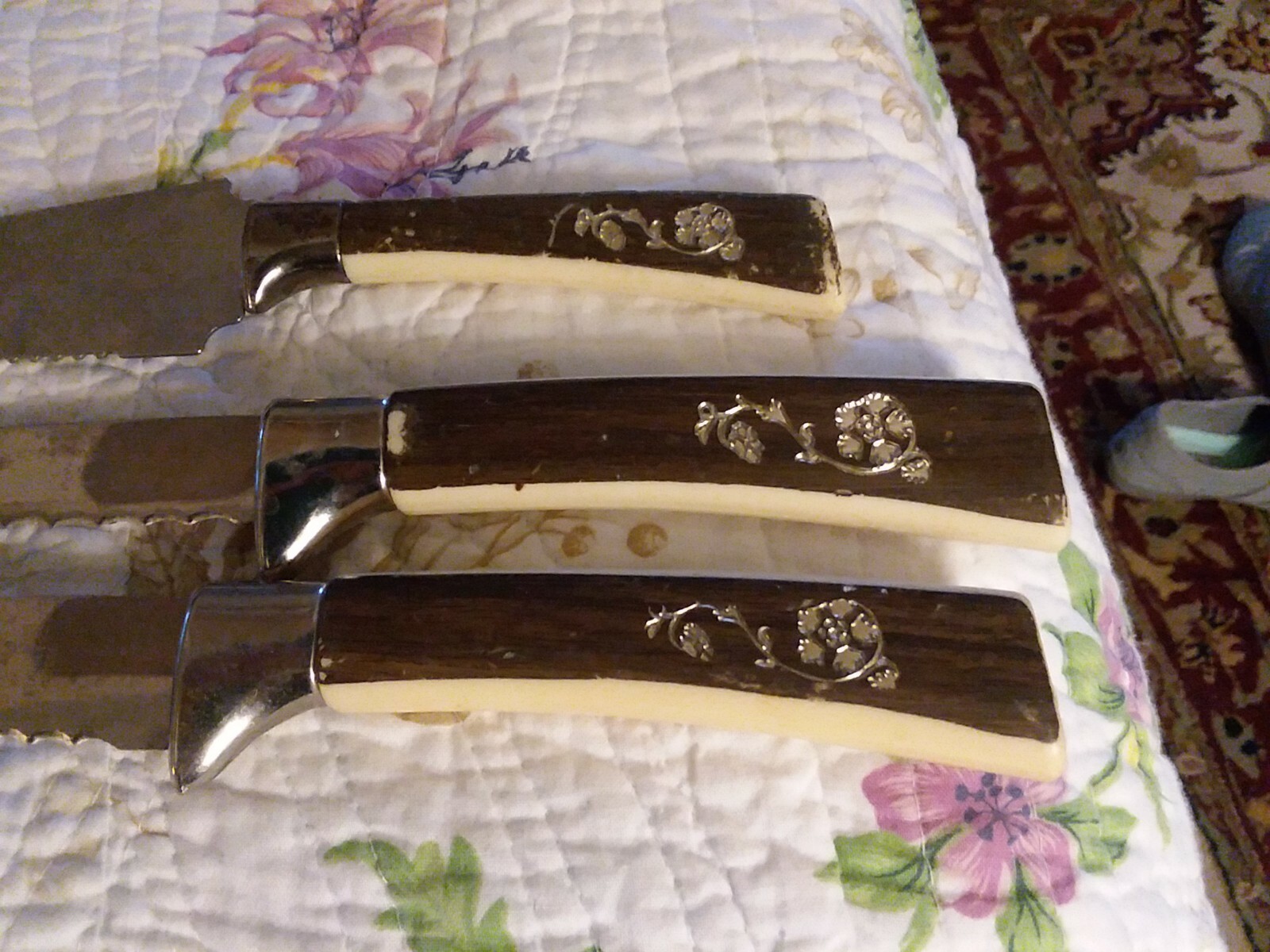 3 Vintage Regent Sheffield Warwick Ivory woodgrain Handle knife set mid century 