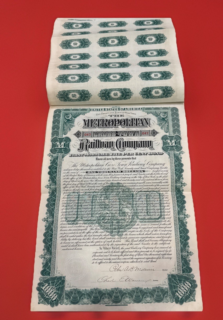 Metropolitan Cross-Town Railway 1890 Bond  Peter A. B. Widener Transit Tycoon NY
