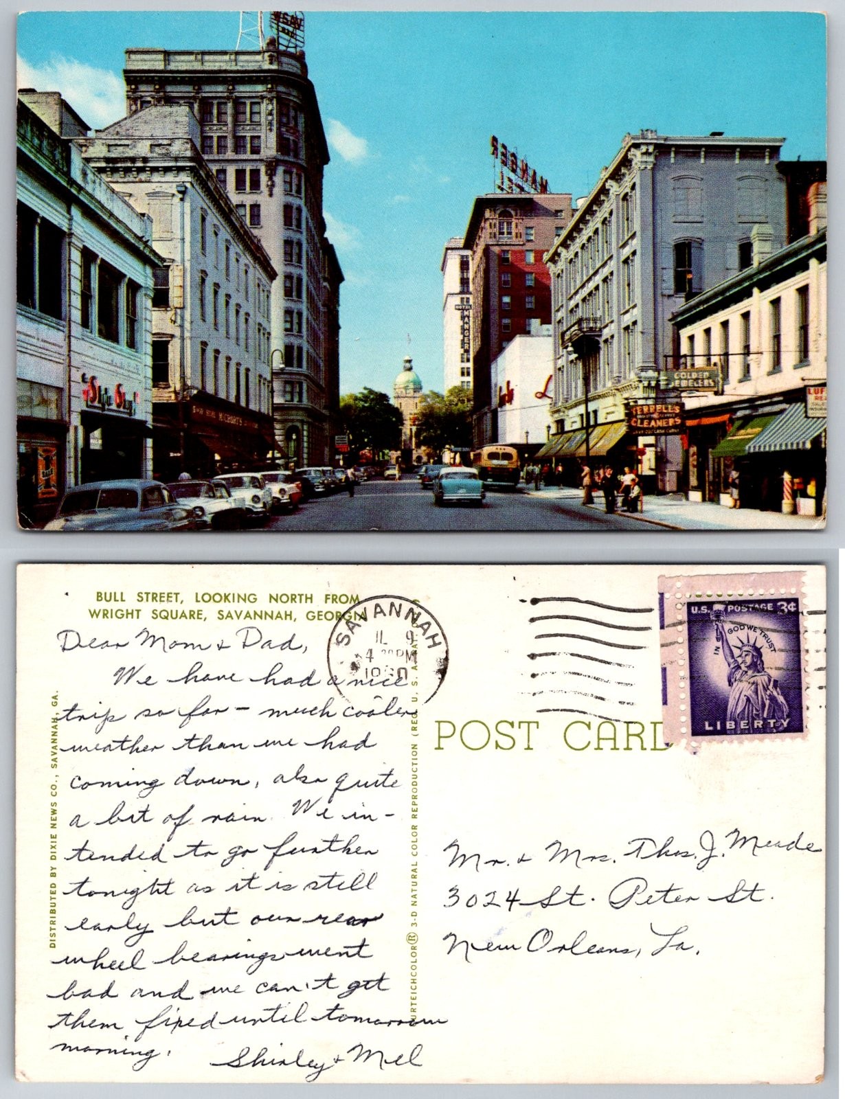 Savannah Georgia Bull Street Wright Square Buildings Storefronts Cars Postcard