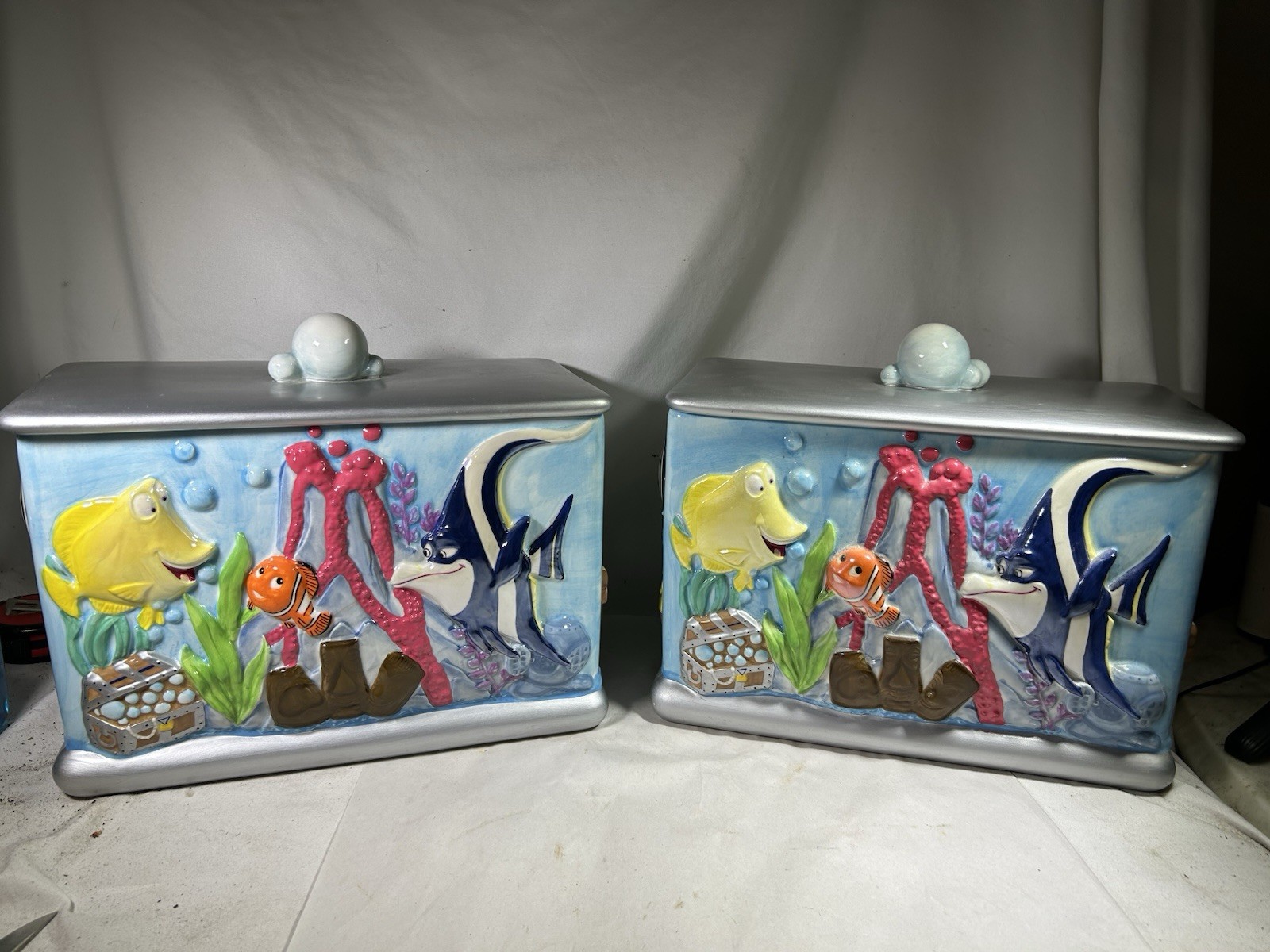 Disney Direct Finding Nemo Aquarium Ceramic Cookie Lot of 2 Jar Lid Pixar China