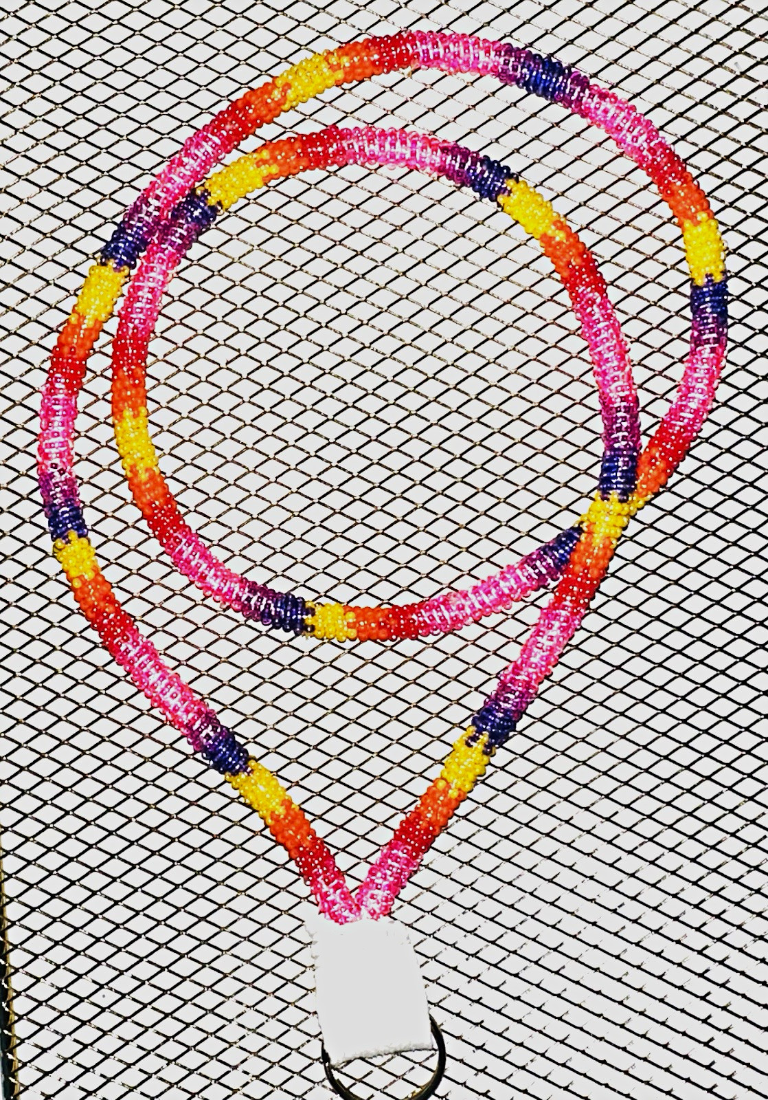 Native American Handmade Beaded Lanyard Necklace, Multicolor Seed Beads, ring