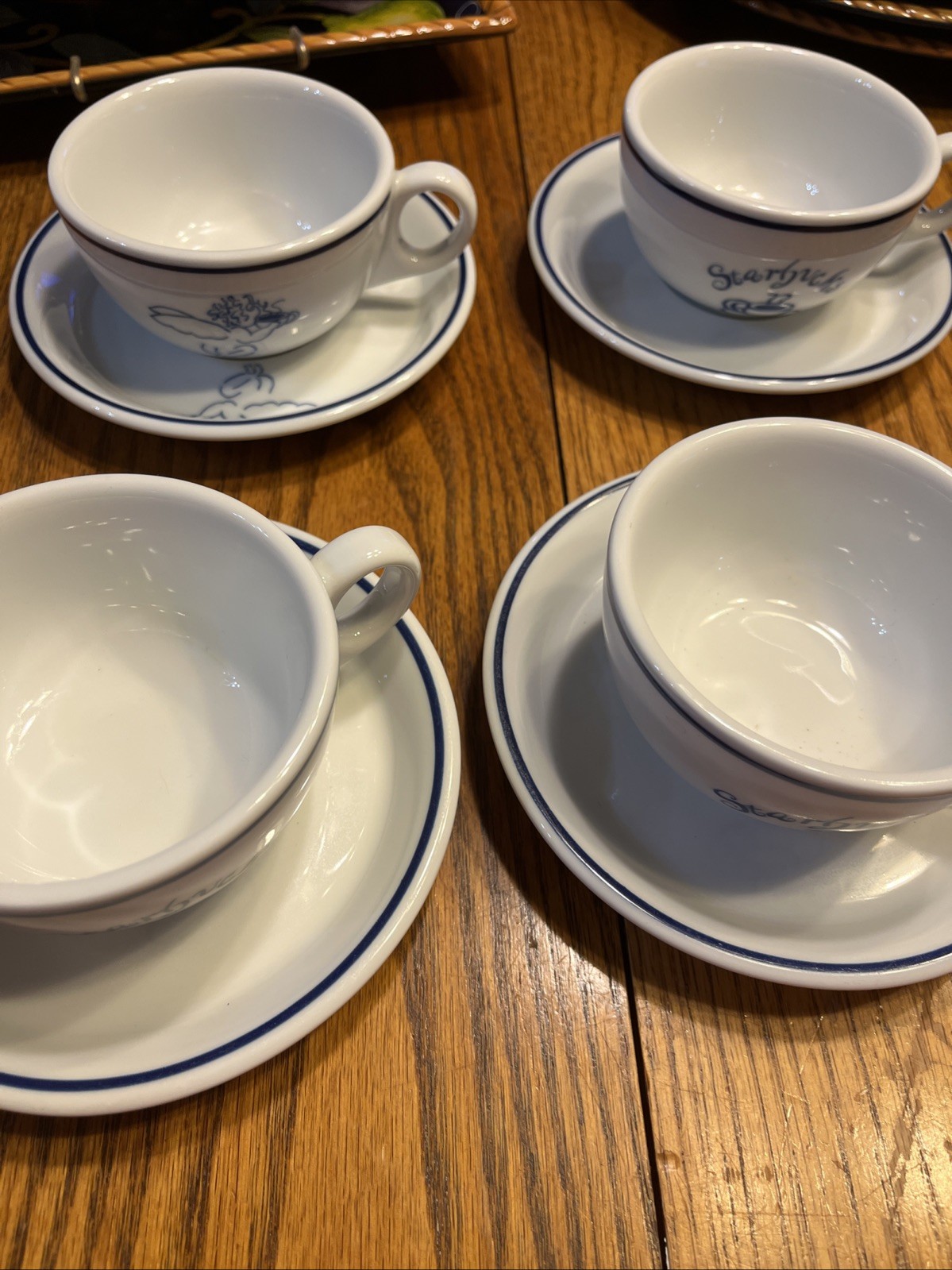 (4) Vtg 1994 STARBUCKS Coffee Cup & Saucer DINER-STYLE Blue White Rosanna