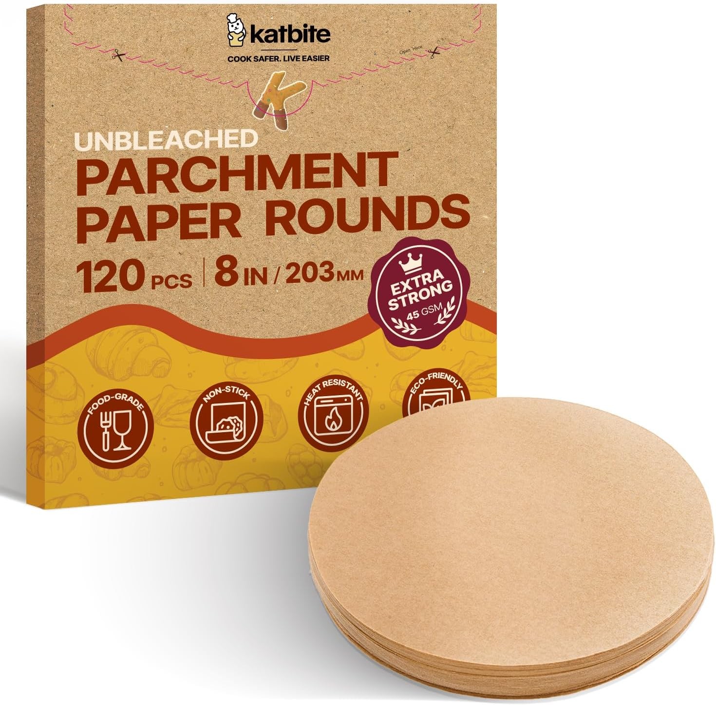 Katbite Unbleached Parchment Paper Rounds, Heavy Duty, 8 Inch 120Pcs