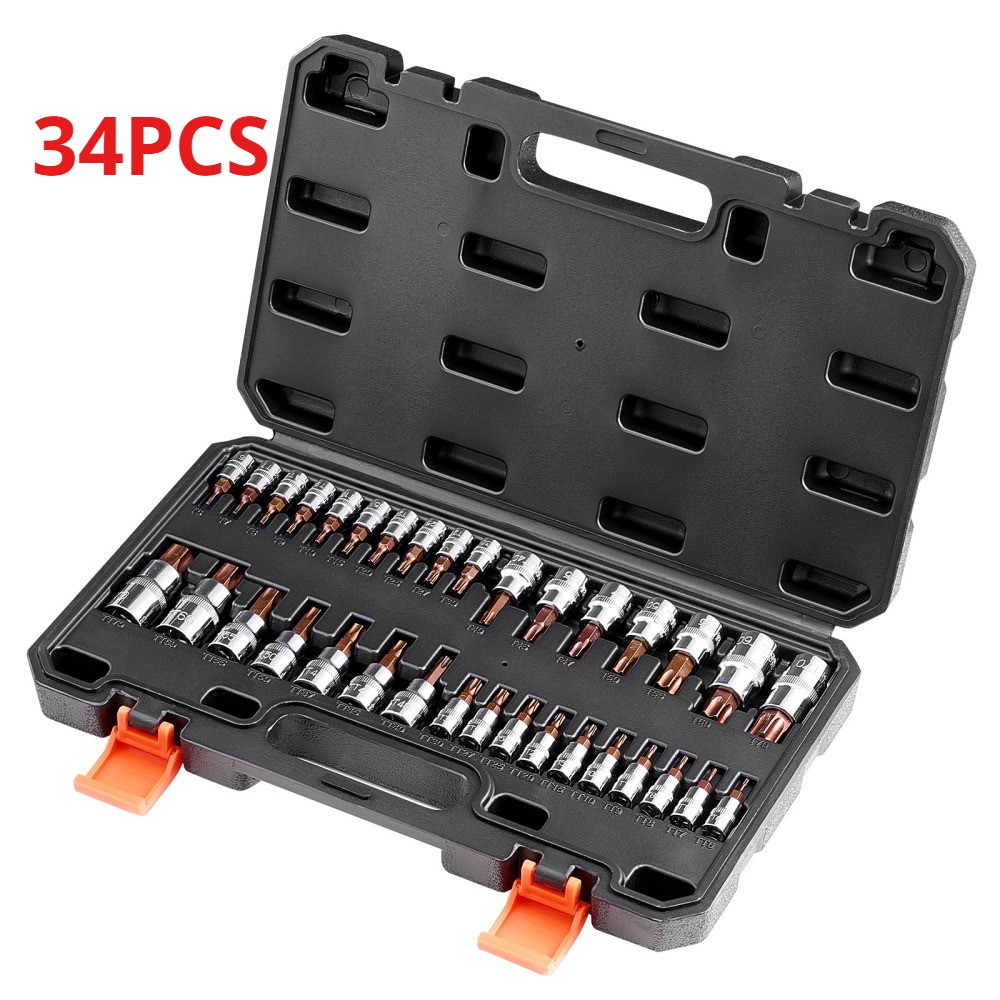 34PCS Black Torx Bit Socket Set Solid Star and Tamper Proof T6-T70 S2Alloy Steel