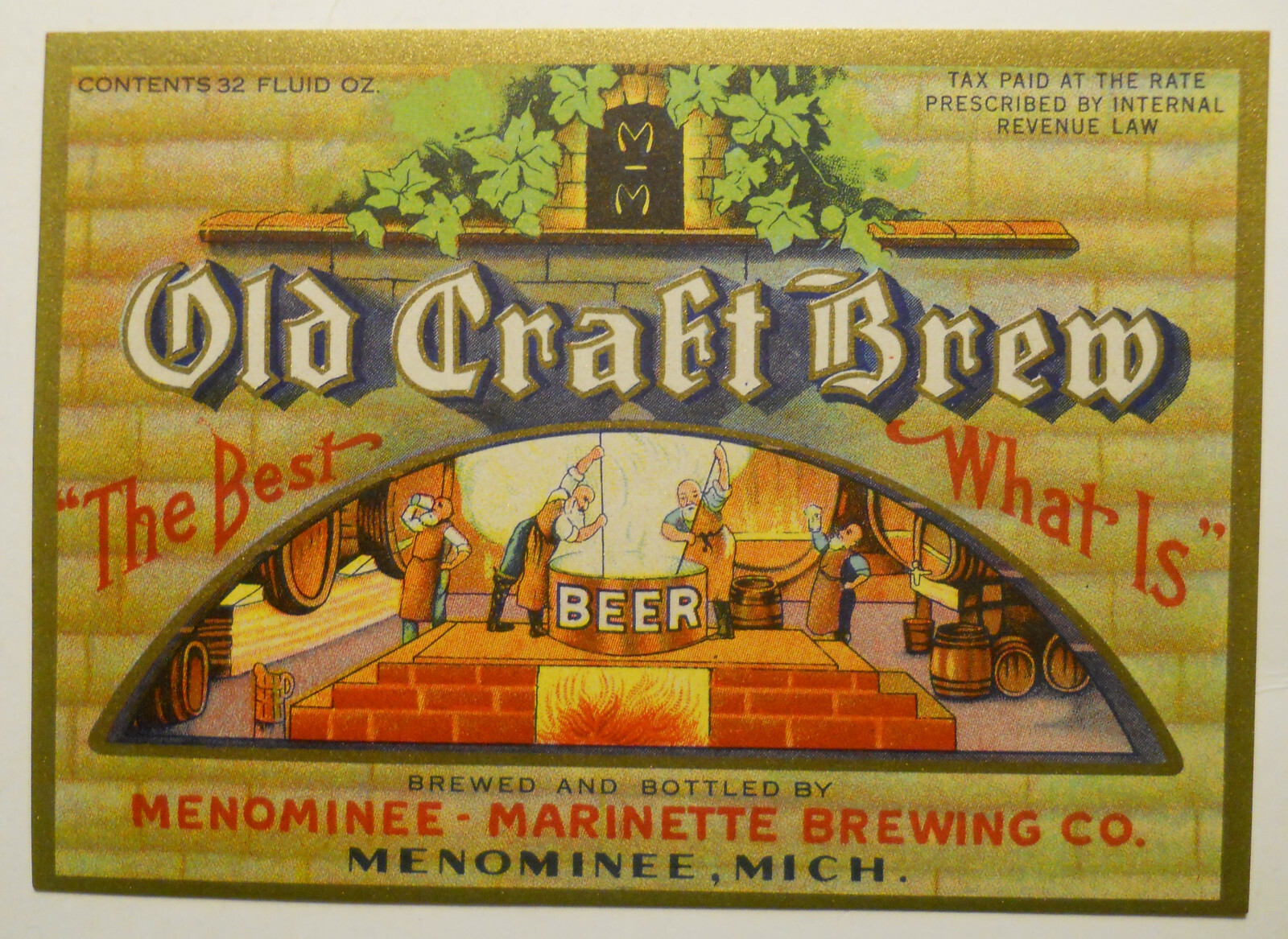 VIntage 1930's Old Craft Brew Beer (Menominee, Michigan) Bottle Label