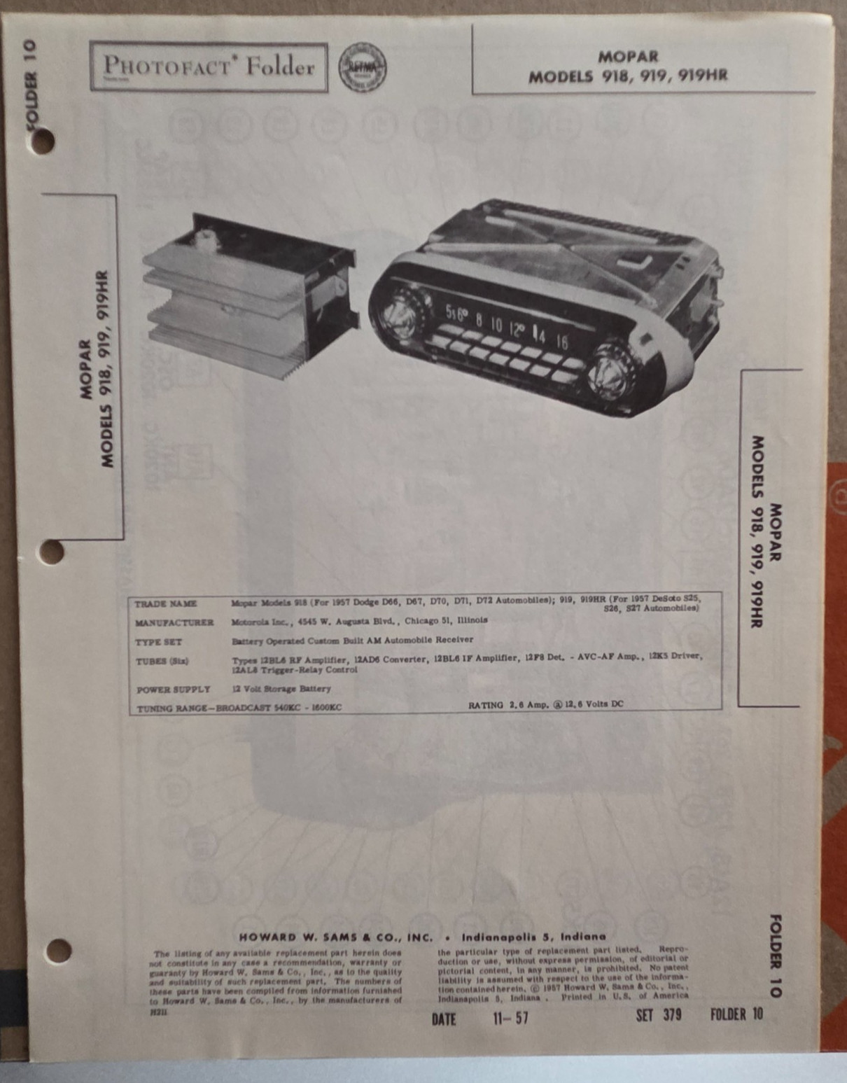 SAMS PHOTOFACT SERVICE MANUAL 379-10 MOPAR RADIO 918 919 919HR