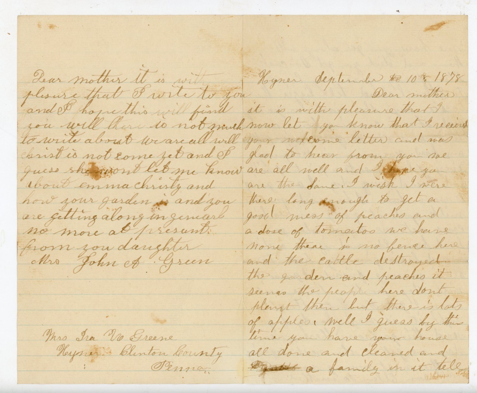 1878 Handwritten Letter Keyner TN Clinton Co Farm Peaches Signed John A Green