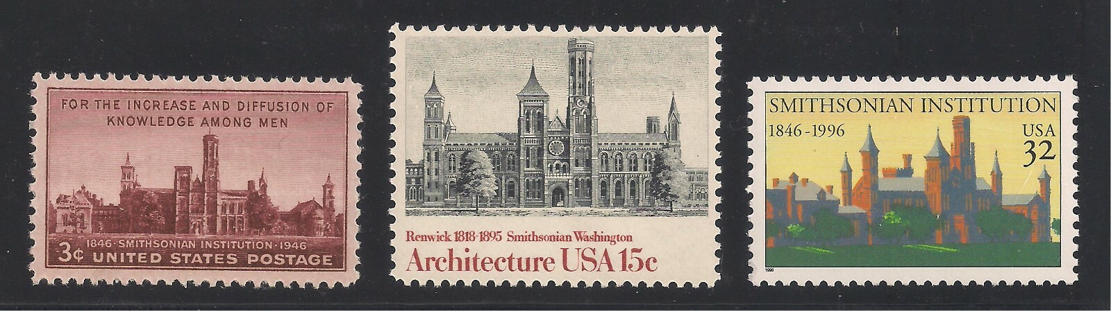 SMITHSONIAN INSTITUTION - SET OF 3 U.S. POSTAGE STAMPS 1946-1996 MINT CONDITION