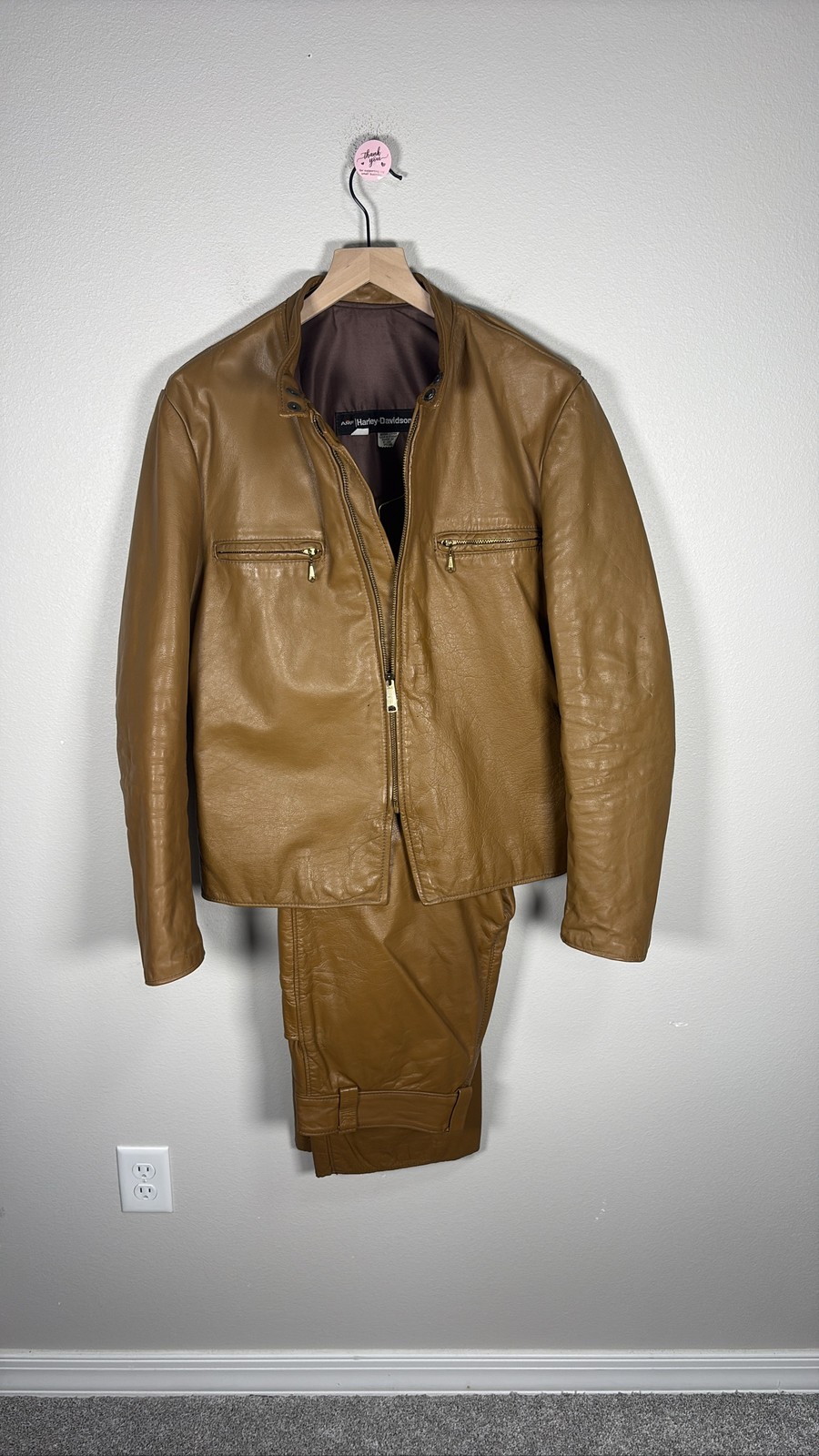 VTG Harley Davidson Brown Leather Motorcycle Jacket Cafe Racer Moto Coat & Pants
