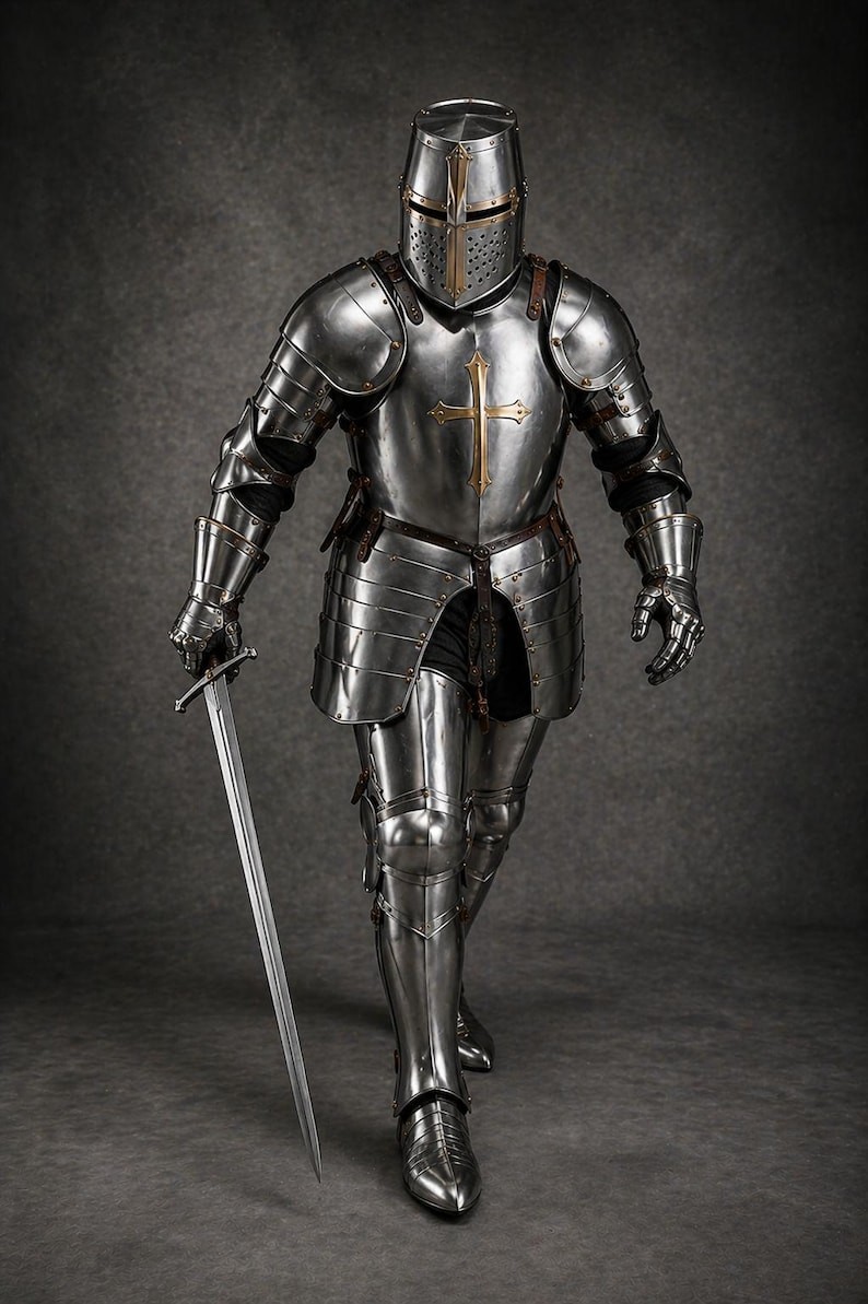 Wearable Templar Knight Full Armor Suit: 18 Gauge Steel, Handmade Crusader Costu