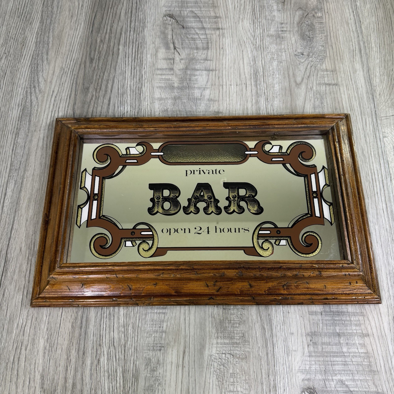 Vintage Private Bar Sign Open 24 Hours Personalize Wooden Mirror Man Cave Decor