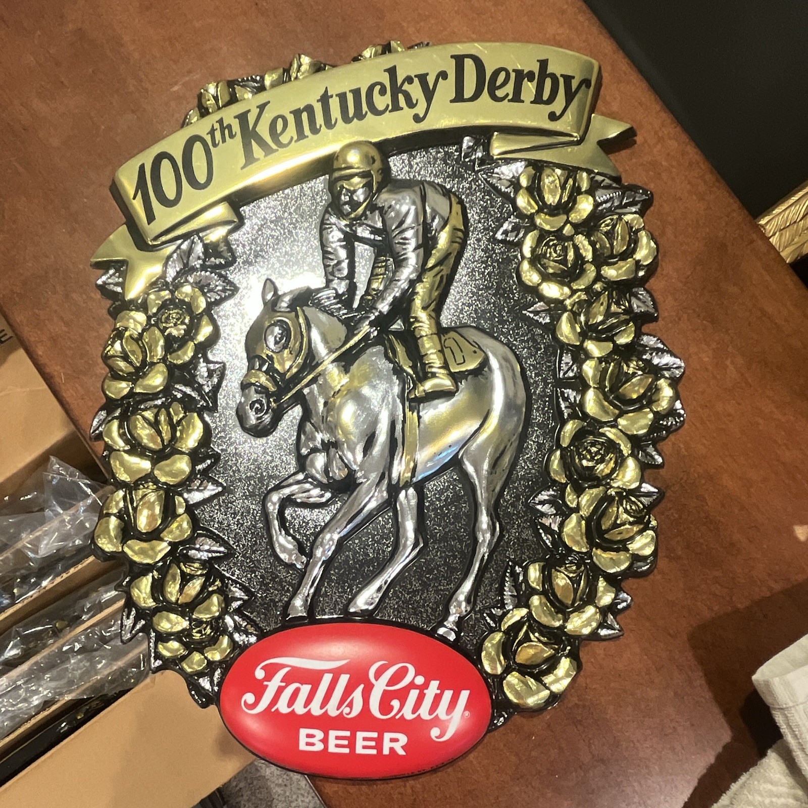 1 Falls City Beer 100th Kentucky Derby Horse Jockey Hanging Wall Sign Plaque