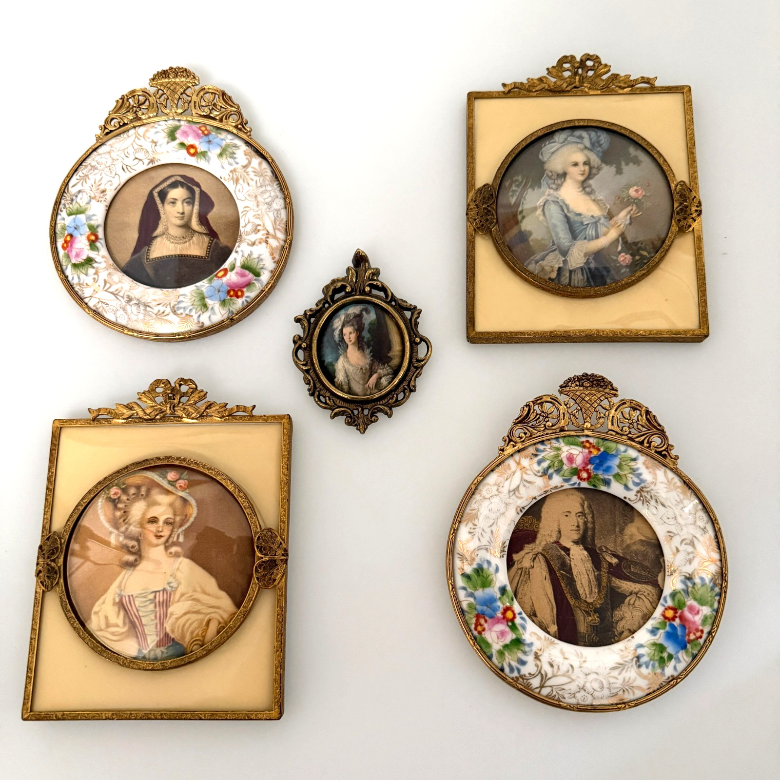 Set of 5 Vintage Pressed Metal and Porcelain Miniature Frames Japan