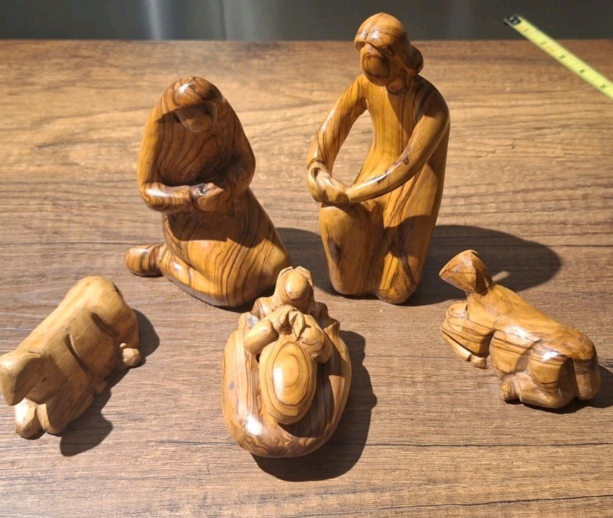 Hand Carved Modern Faceless Olive Wood Nativity Scene Bethlehem 5 Loose Figures 