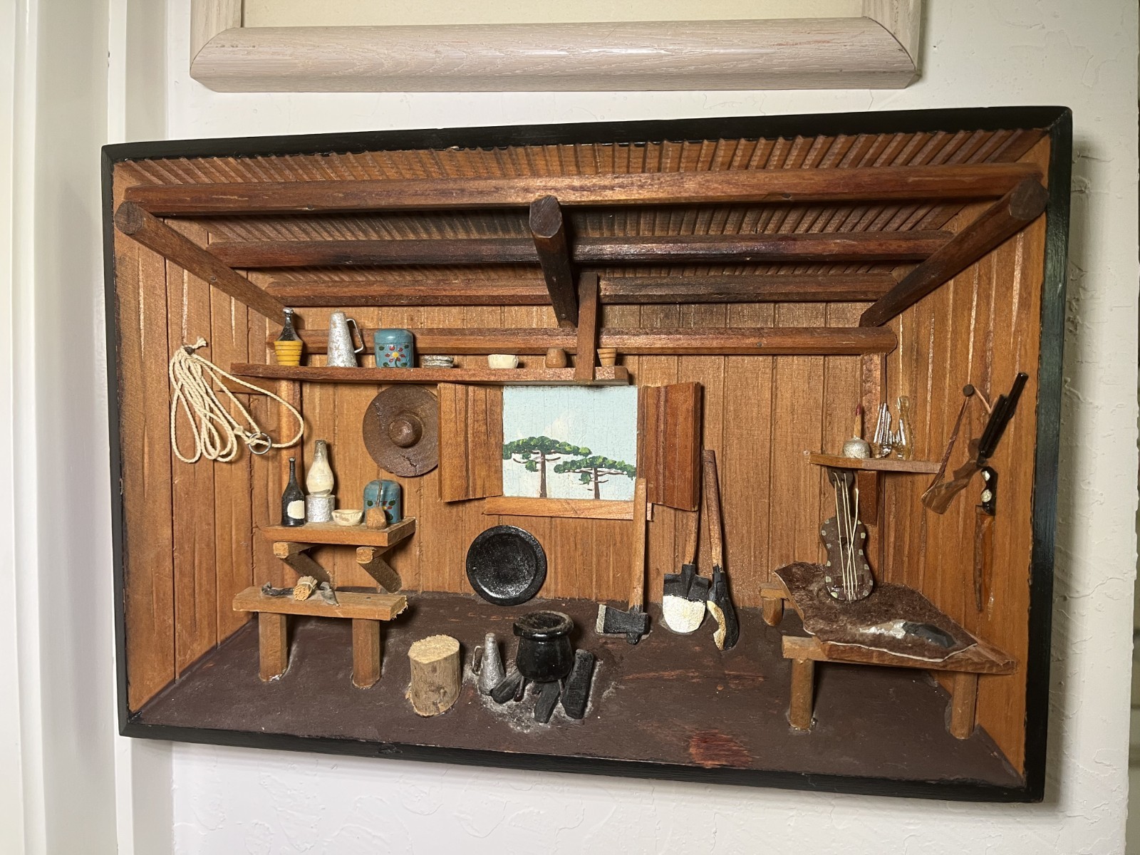 Vintage 50's Japanese Hand Carved Kominka Shadow Box Diorama  Wall Art