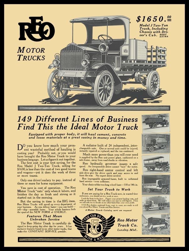 1914 REO Motor Truck, Model J - Lansing MI New Sign: 18x24