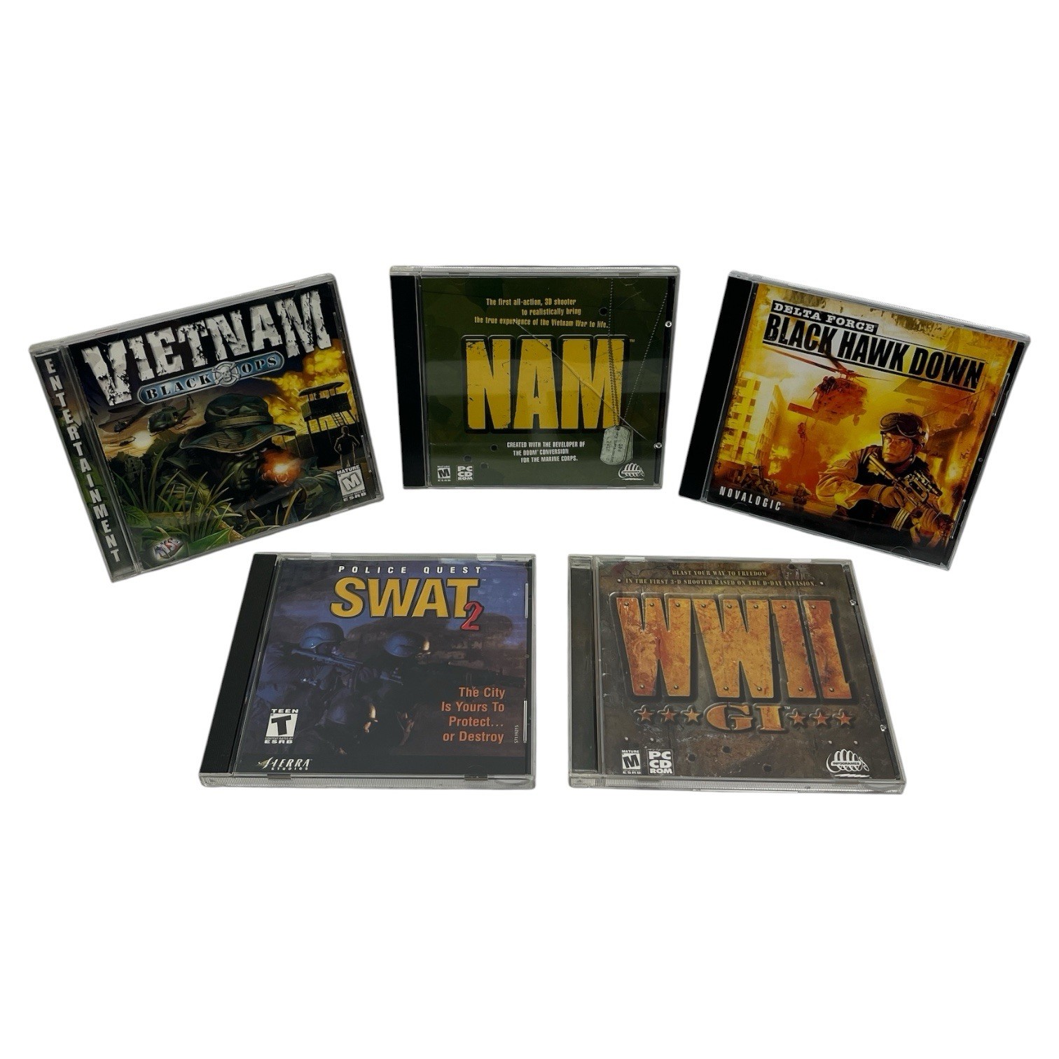Lot of 5 PC Military Shooter Games – SWAT 2, Delta Force, NAM, WWII GI