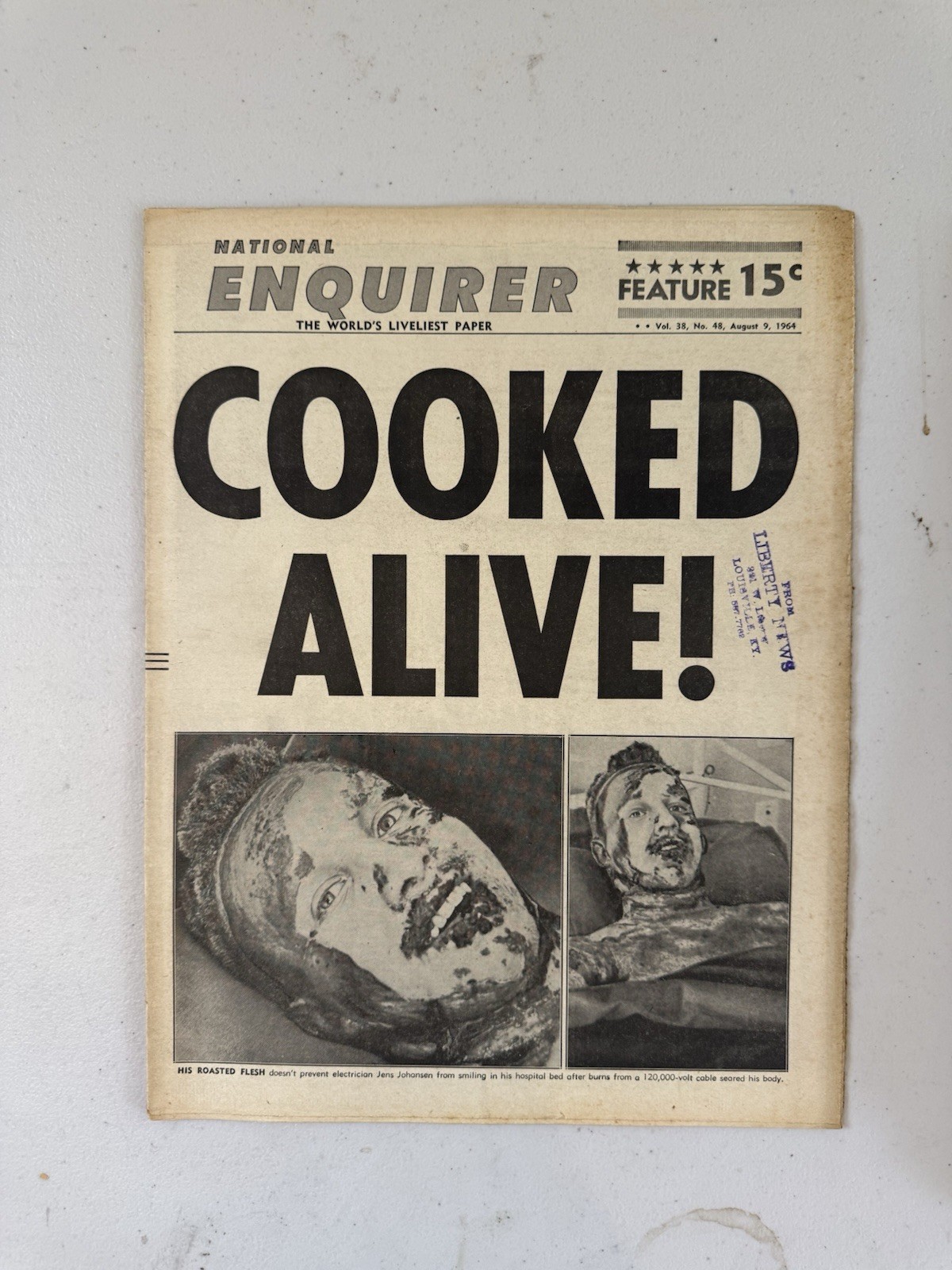 1964 August 9th National Enquirer Newspaper, Cooked Alive, Jens Johanson (VRN7)