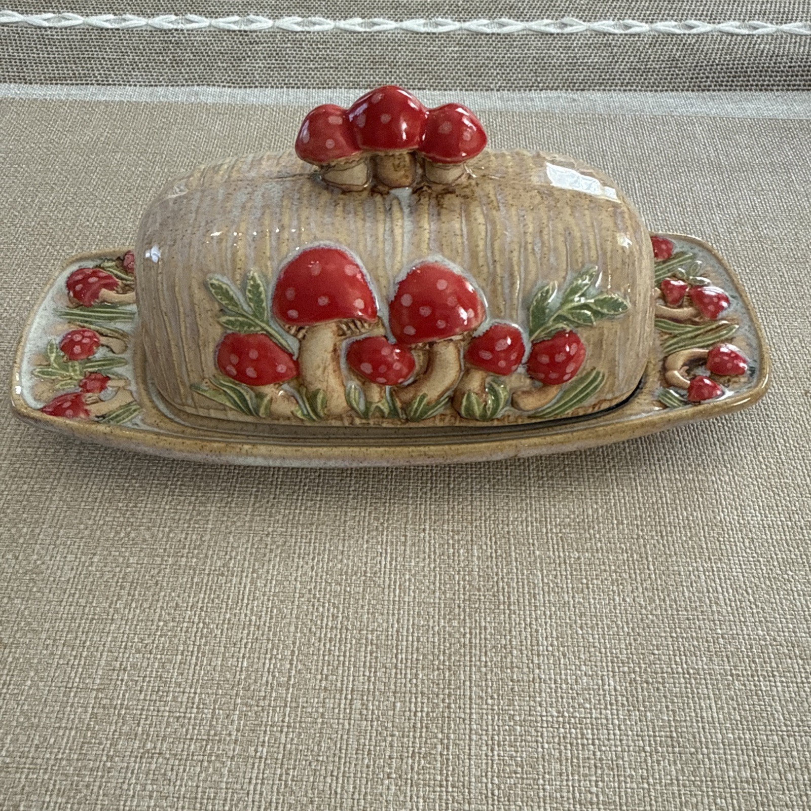 Cottage Core Retro Vintage Vibes - Hand Painted Mushroom Ceramic Butter Dish 