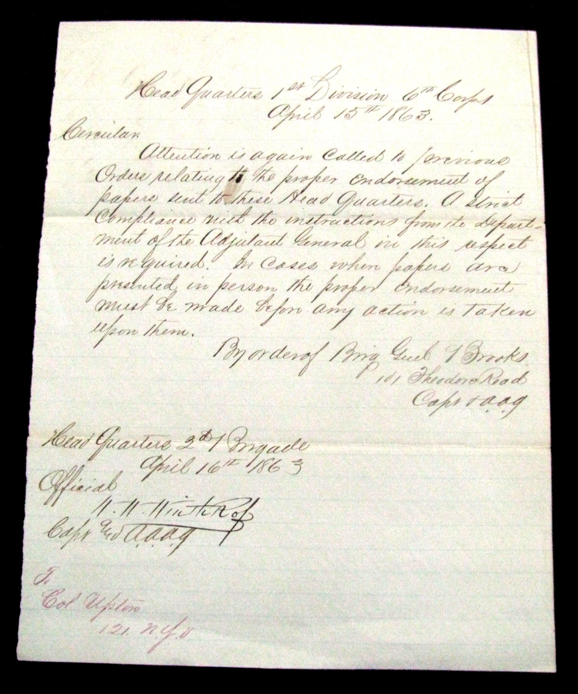 CIVIL WAR SHARPSHOOTER COLONEL WILLIAM W WINTHROP SGD CIRCULAR 1863