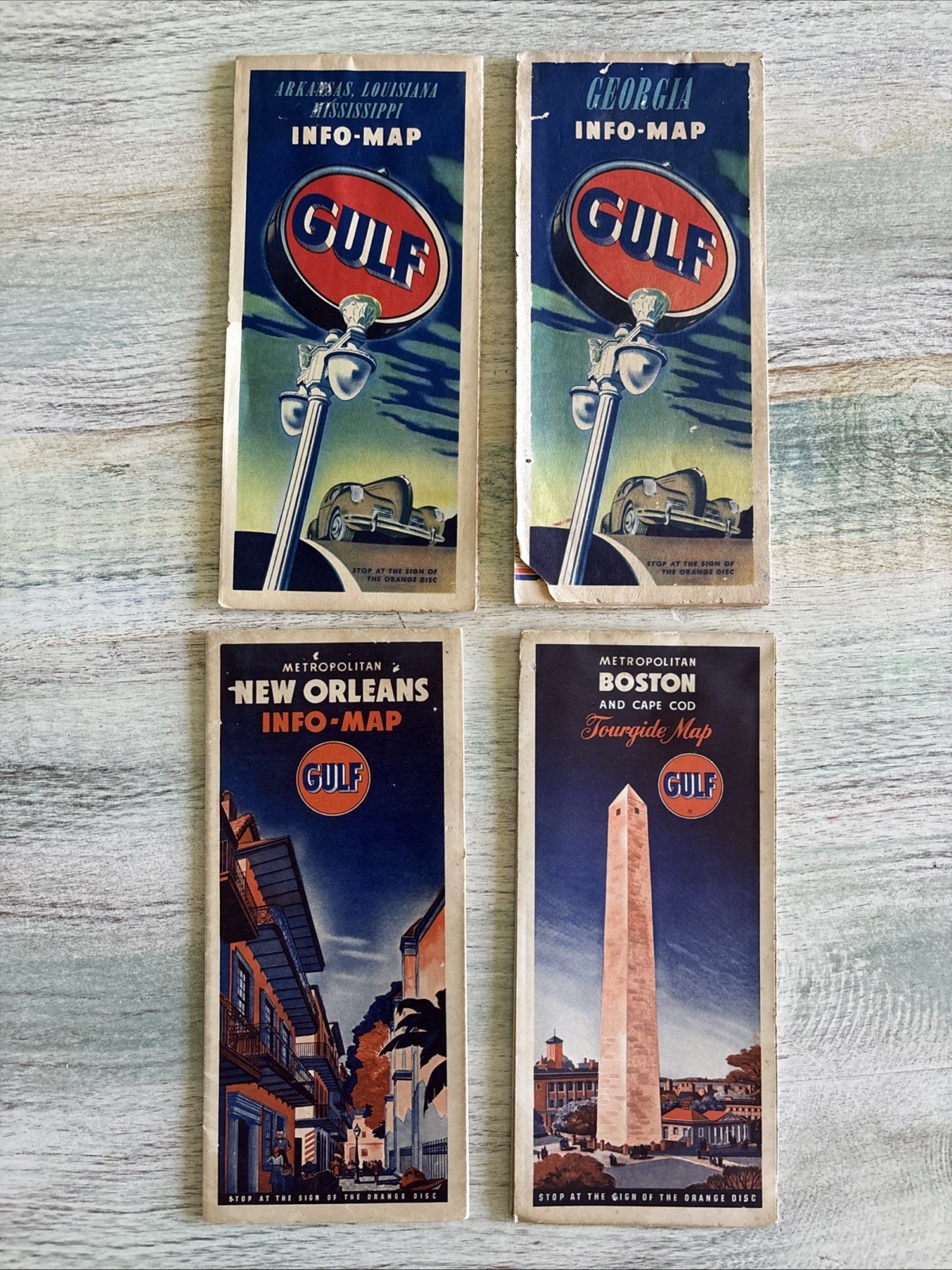 1950\'S Gulf The Orange Sign Road Maps (4) New Orleans Boston Georgia AK/Miss Lou