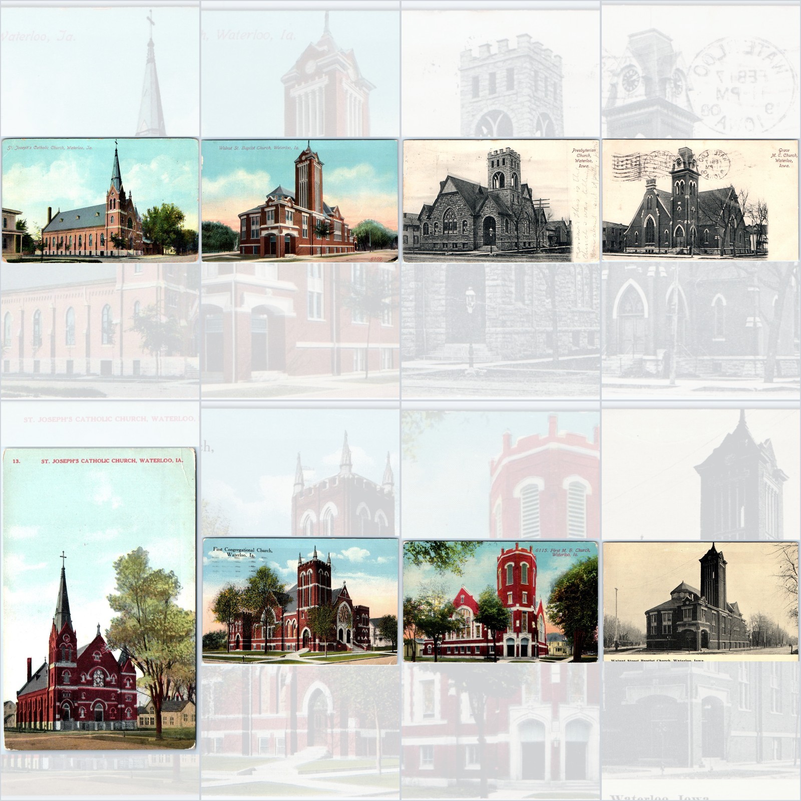 x8 LOT c1910s Waterloo, IA Historic Churches Methodist Baptist Catholic PC