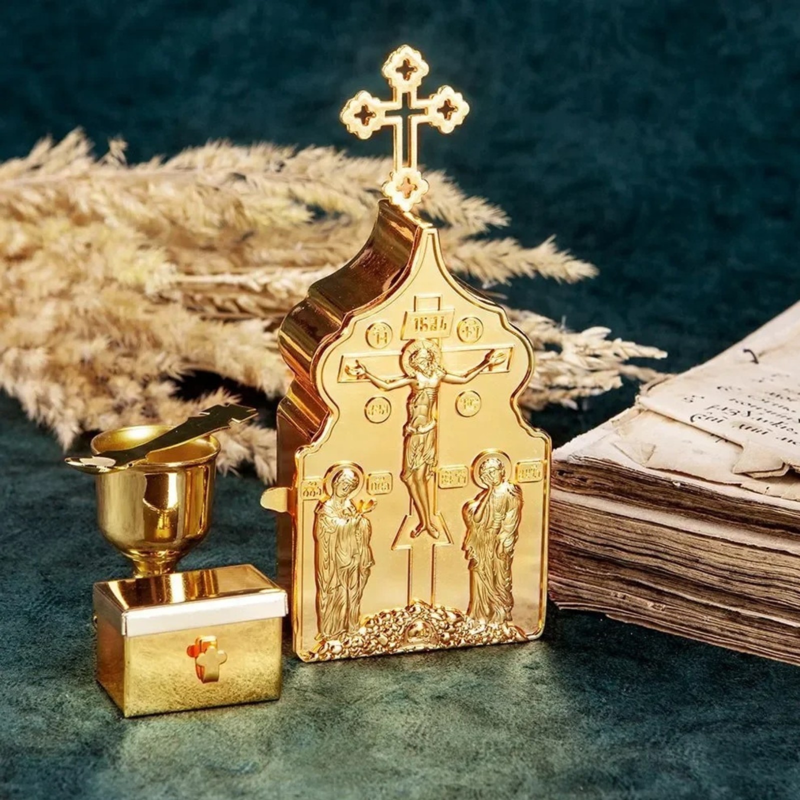 Gold Plated Holy Communion Set Chalice Box Spoon Cup Orthodox Liturgical Gifts