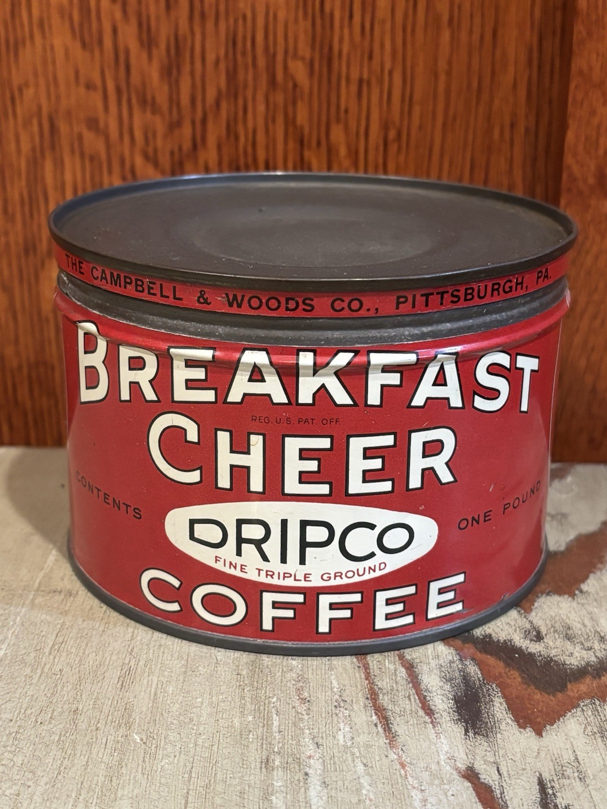 VINTAGE BREAKFAST CHEER  DRIPCO COFFEE TIN CAN 1lb KITCHEN-ADVERTISEMENT
