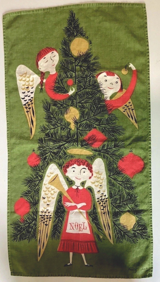 Vintage Tammis Keefe Linen Angel Christmas Tree Towel Mid Century Green