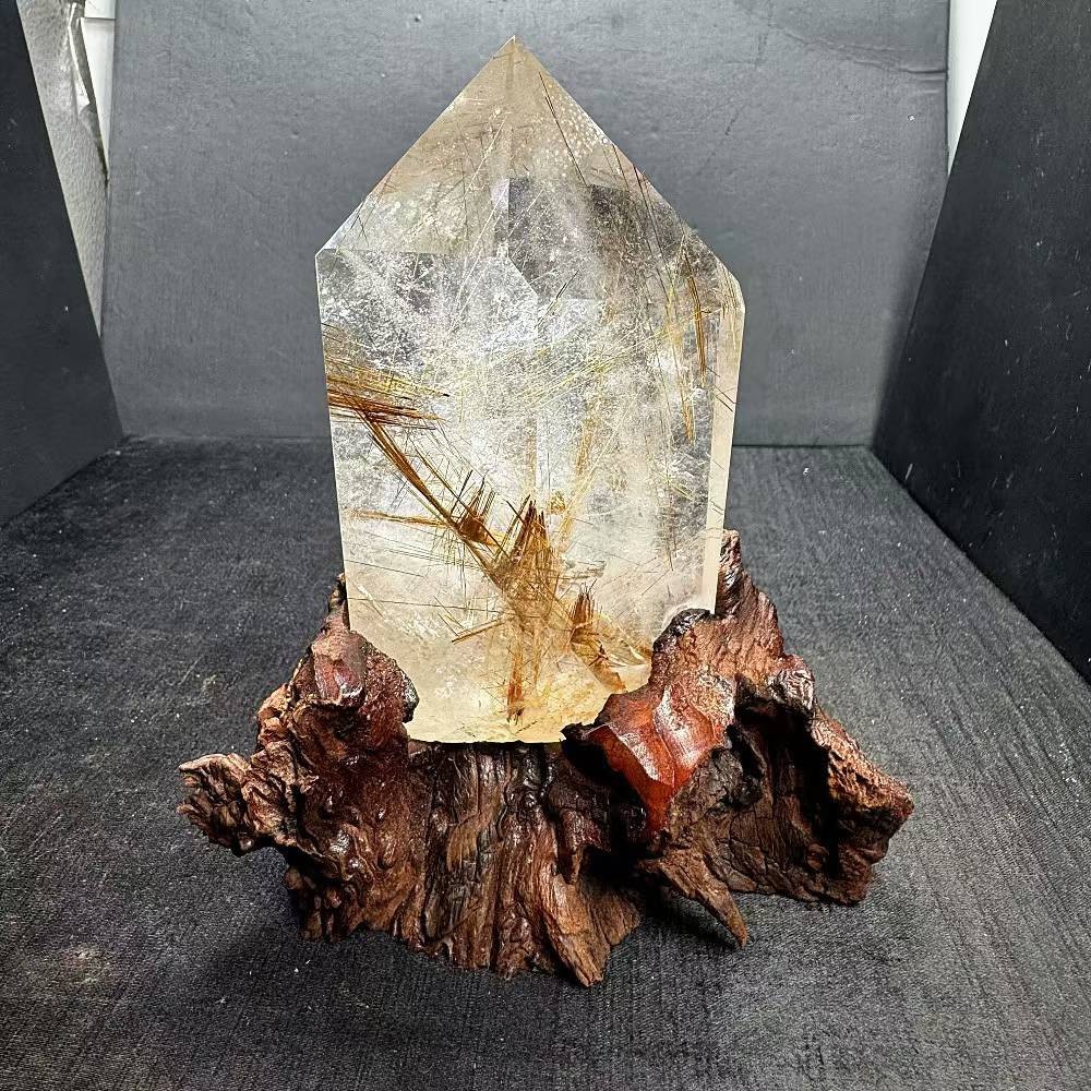500g Natural Rutilated Quartz Obelisk Crystal Point Wand Reiki Decor+Stand