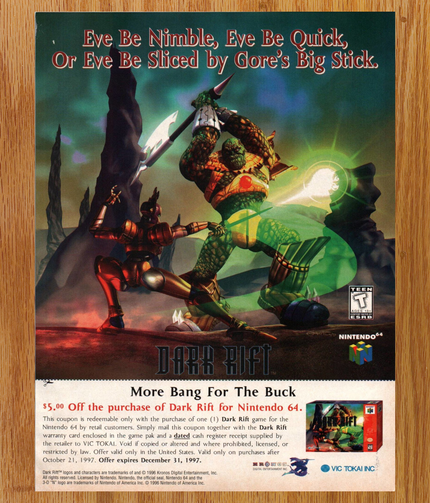 Dark Rift N64 Coupon Vic Tokai Inc - Video Game Print Ad Poster Promo Art 1998