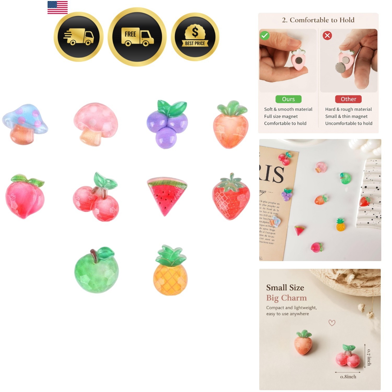 10 Pcs Cute Fruit Red Cherry Fridge Magnets Colorful Round Refrigerator Magne...