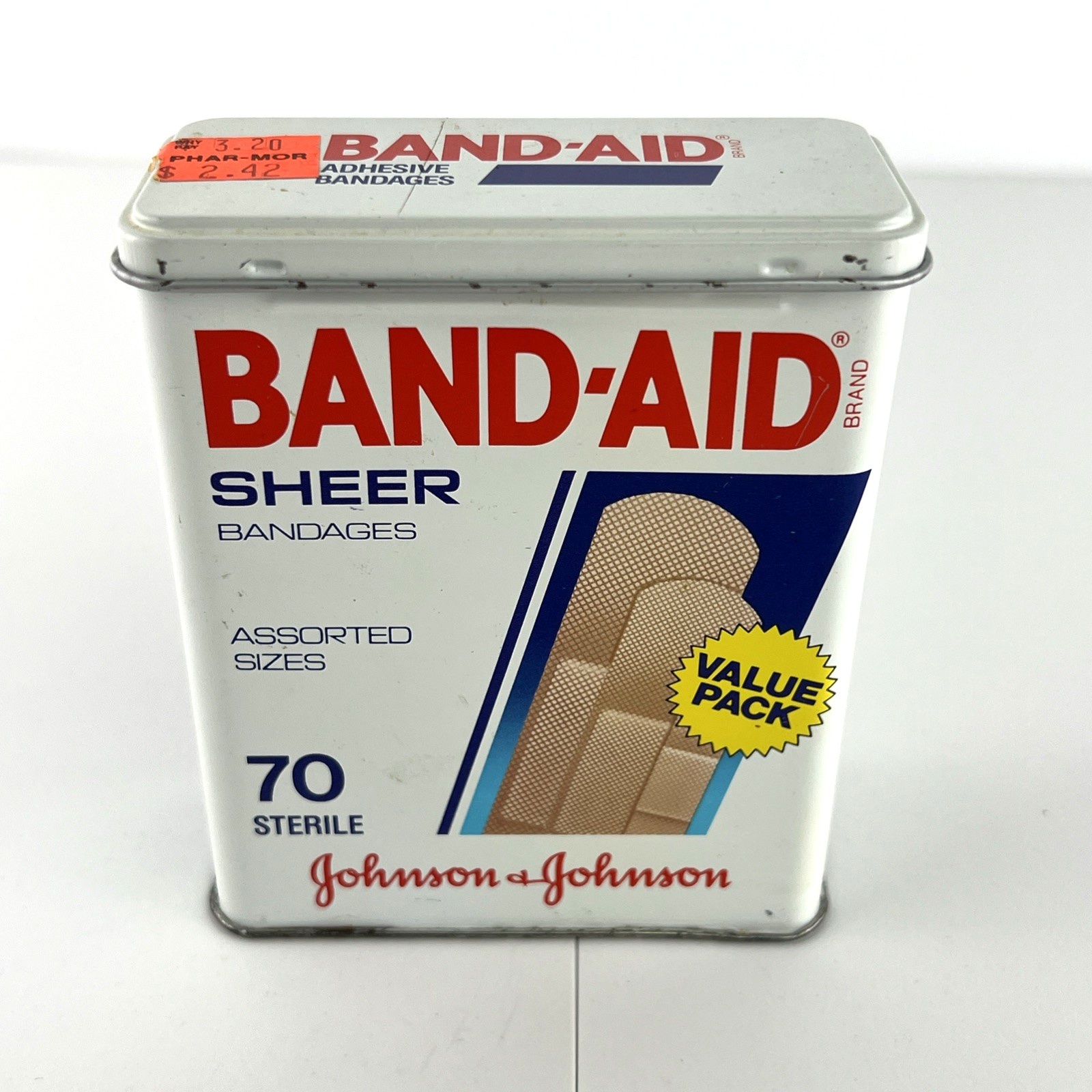 Vtg 1980s Band-Aid Sheer Bandages Metal Tin Johnson & Johnson 70 Ct Box Phar-Mor