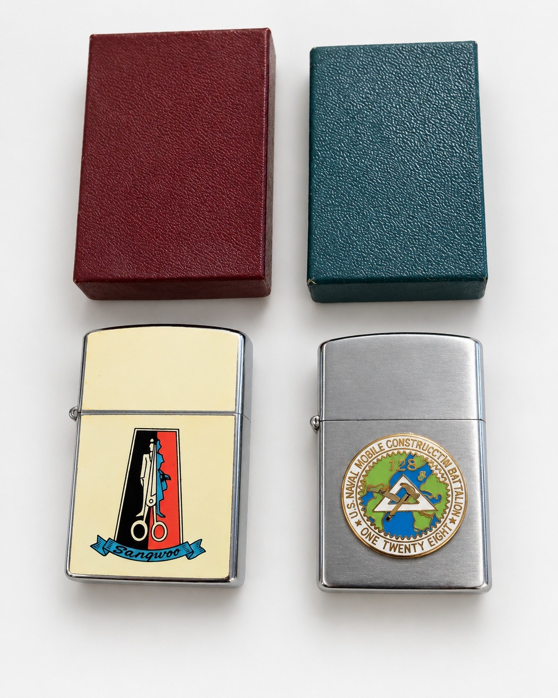 2 Vintage Vietnam Era Military Lighters Prince Rocky NMCB 128 Sangwoo Boxes