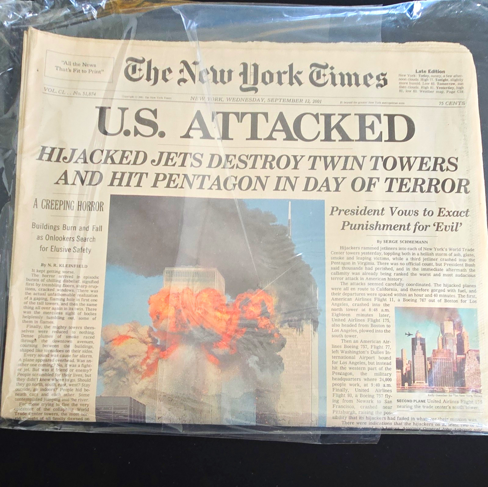The New York Times Late Edition September 12, 2001 - U.S. Attacked (9/11)