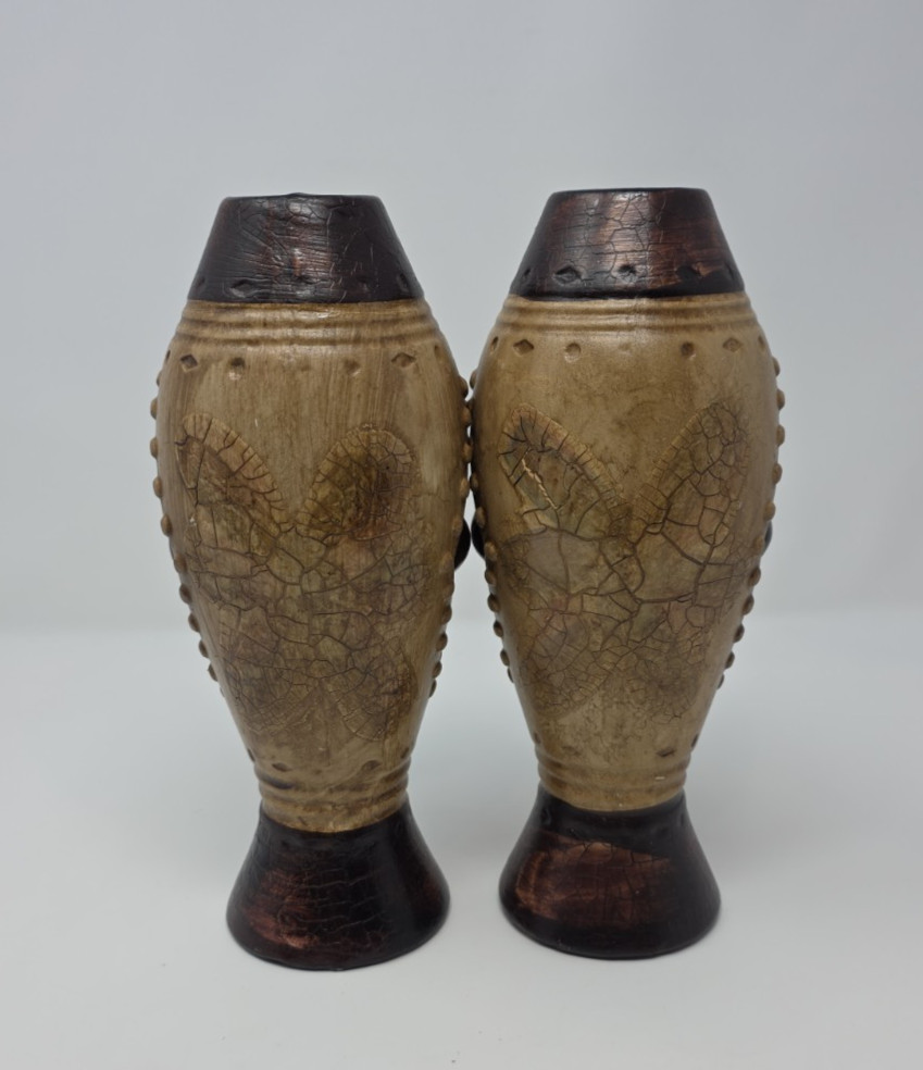 Vintage Molded Resin Folk Art Vase Pair Boho Geometric Tribal Vases