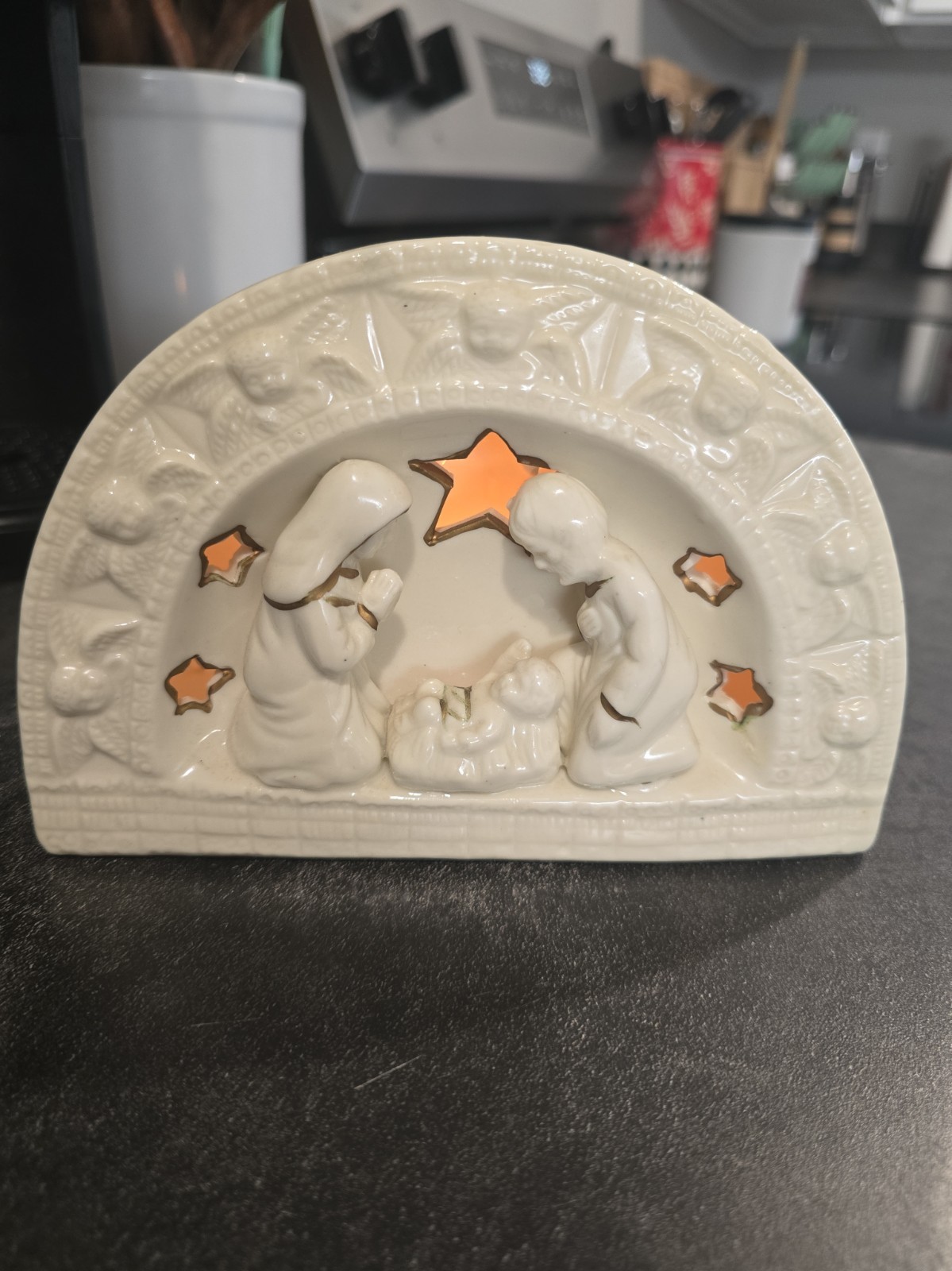 Vintage 1998 GEI Ceramic Nativity Tealight Candle Holder Christmas Manger Jesus