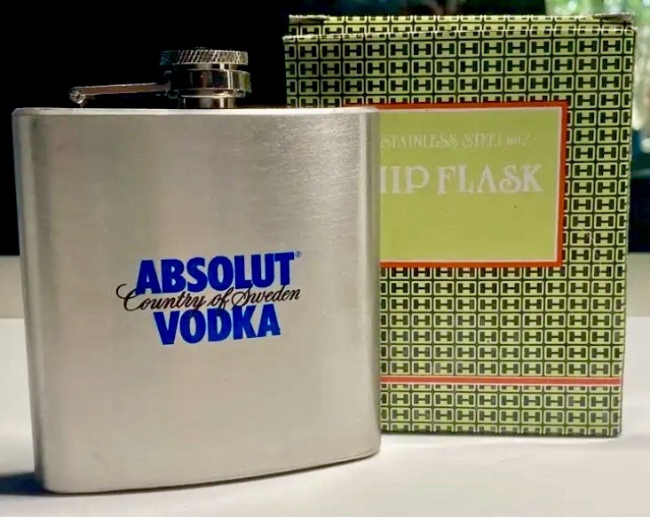 Absolut Vodka Branded Stainless Steel 6 oz Hip Flask With Original Packaging