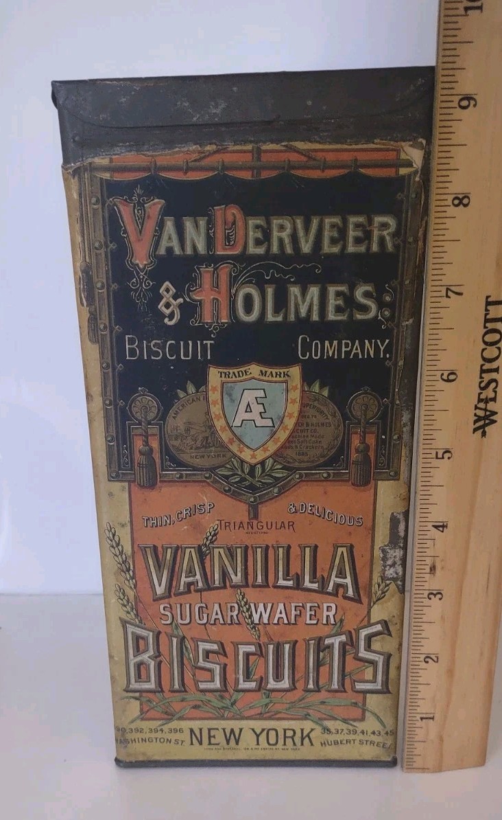1890s VanDerveer & Holmes Paper Label Biscuit Tin New York Factory Girl Scene 
