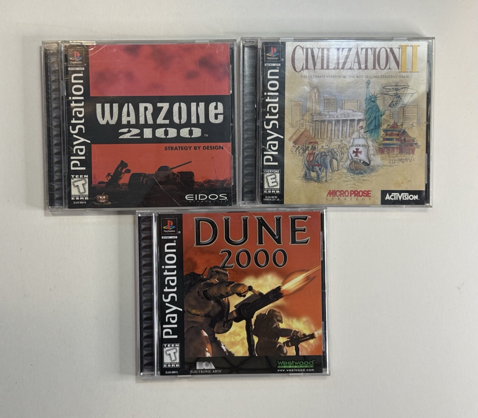 Dune 2000, Civilization 2, Warzone 2100; 3 Game PS1 Strategy Lot; All CIB W Reg
