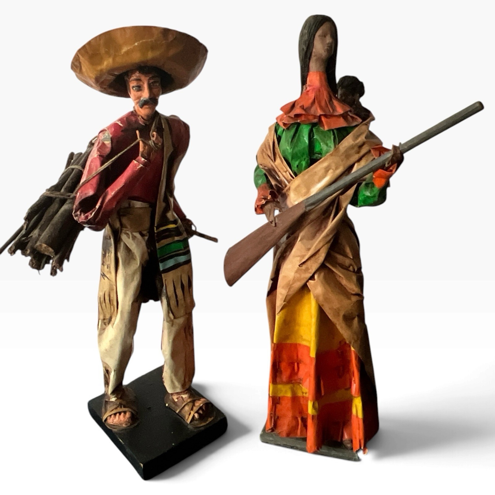 Vintage Mexican Papier Mache Folk Art Figures Rifle Gun Woman Baby & Man W/load