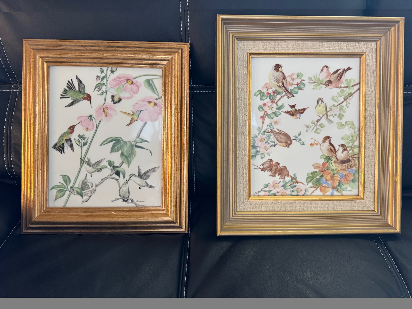 Two (2) Vintage Framed Hand-Painted Porcelain Ornithological Pictures